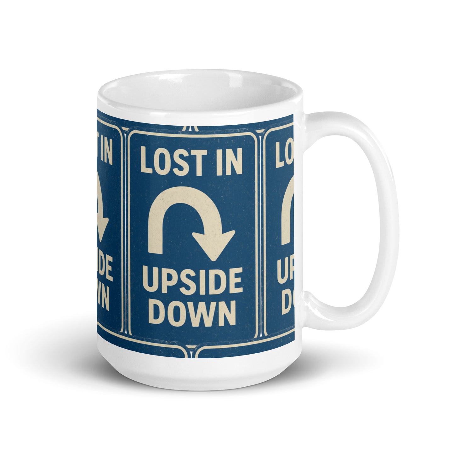 Lost in the Upside Down White glossy mug from Rare Plus Apparel – unique movie & pop culture inspired design.