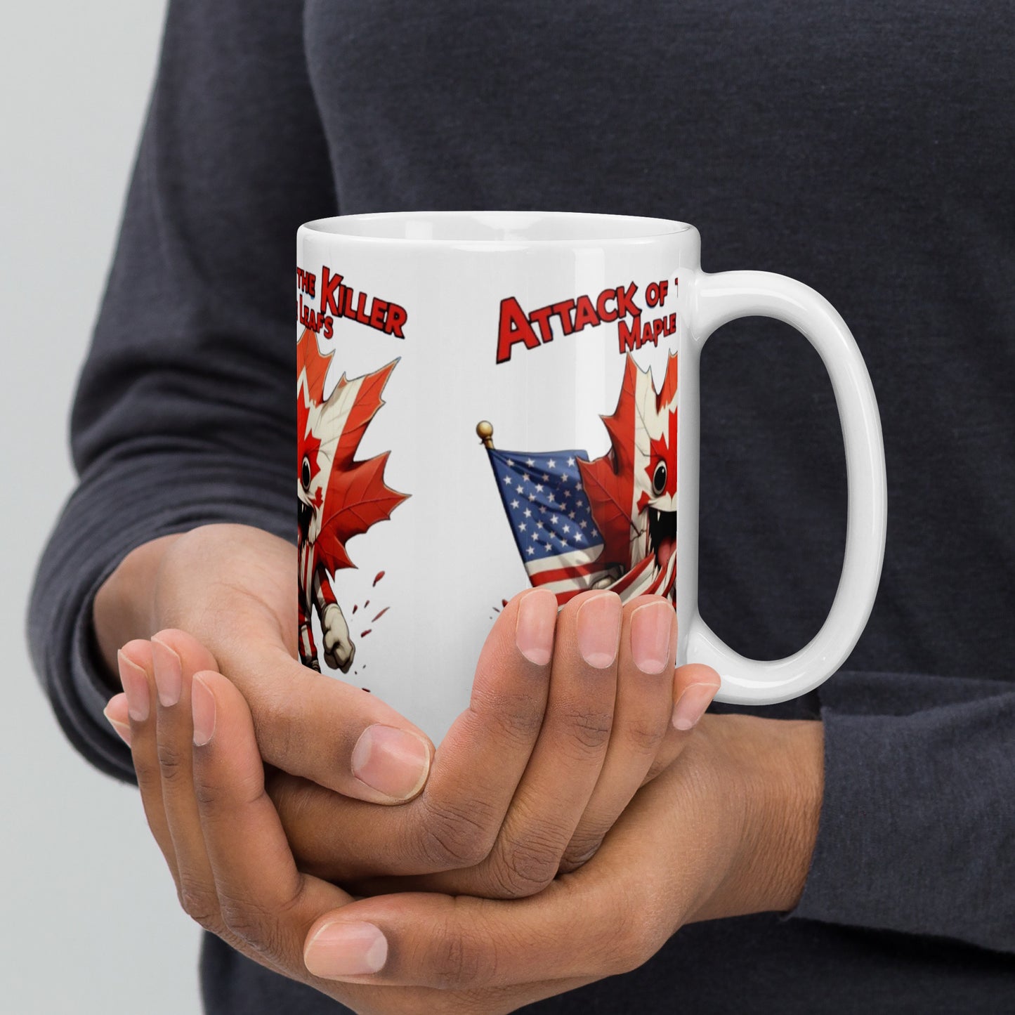 Maple Mayhem White glossy mug from Rare Plus Apparel – unique movie & pop culture inspired design.