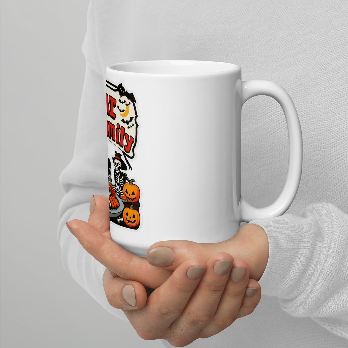 Meat The Family White glossy mug from Rare Plus Apparel – unique movie & pop culture inspired design.