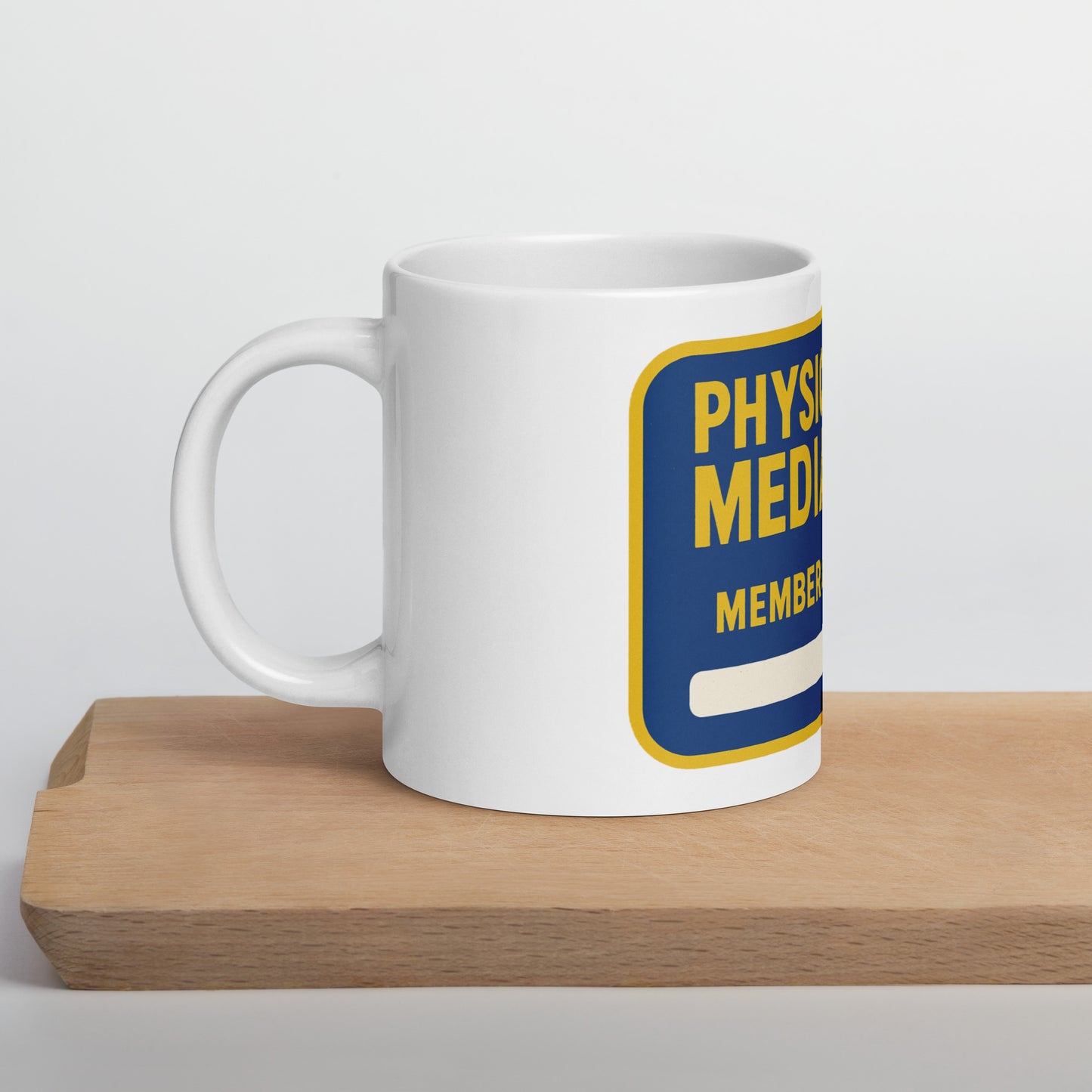 Physical Media Club White glossy mug from Rare Plus Apparel – unique movie & pop culture inspired design.