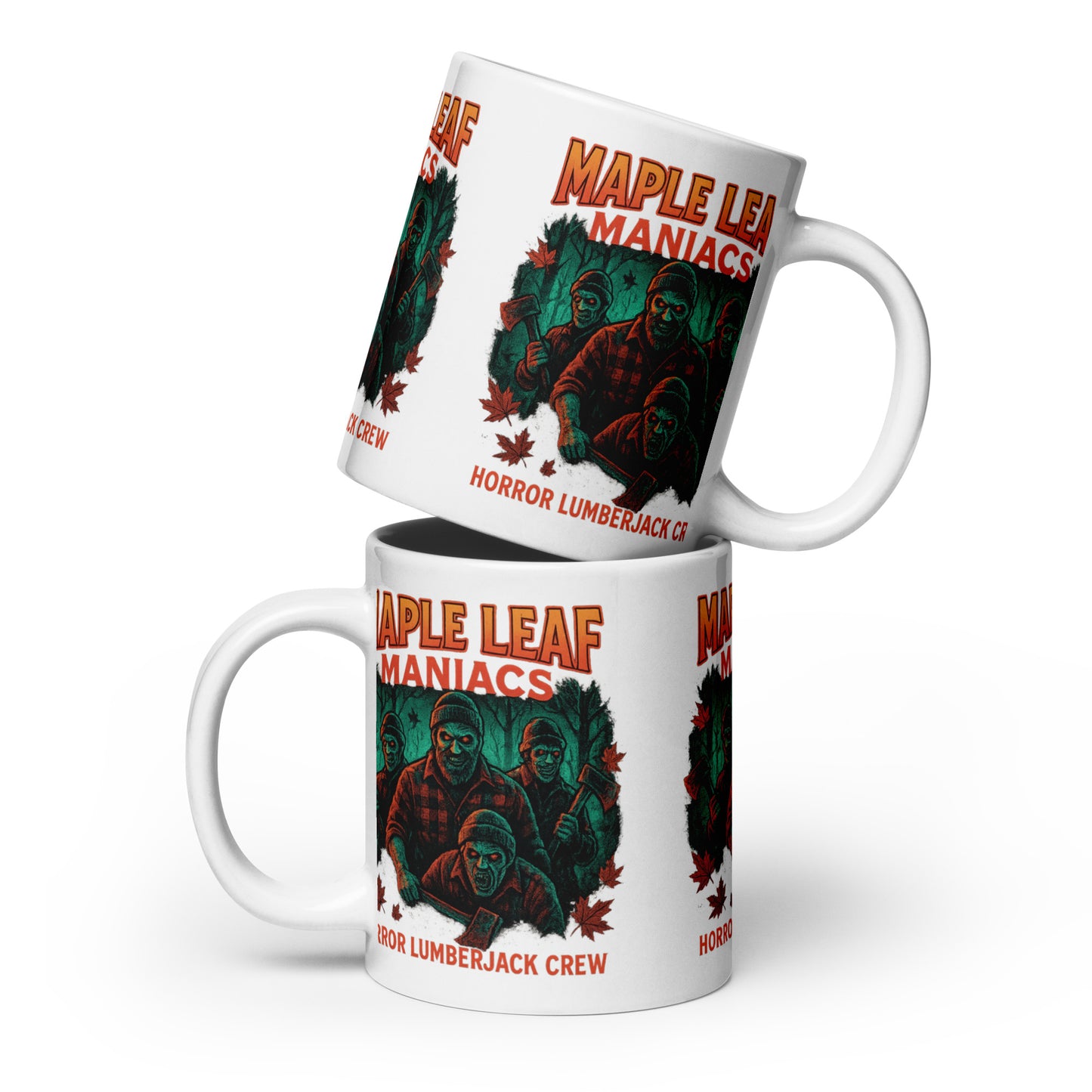 Maple Leaf Maniacs White glossy mug from Rare Plus Apparel – unique movie & pop culture inspired design.