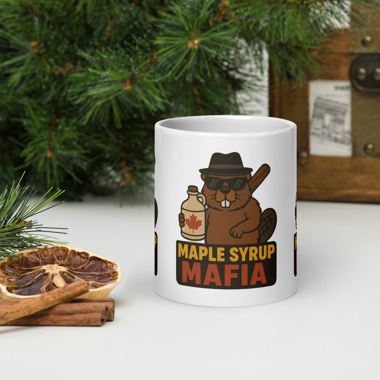 Maple Syrup Mafia White glossy mug from Rare Plus Apparel – unique movie & pop culture inspired design.
