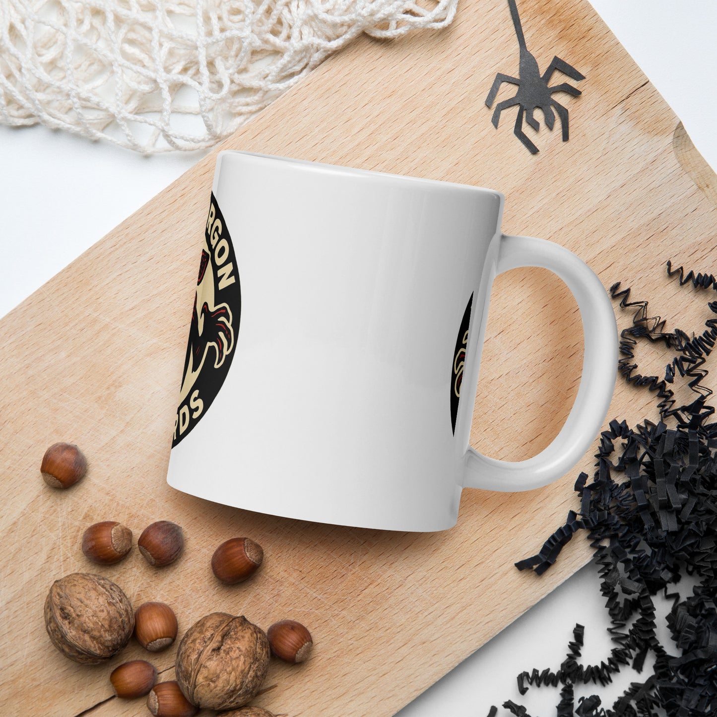Demogorgon Records White glossy mug from Rare Plus Apparel – unique movie & pop culture inspired design.