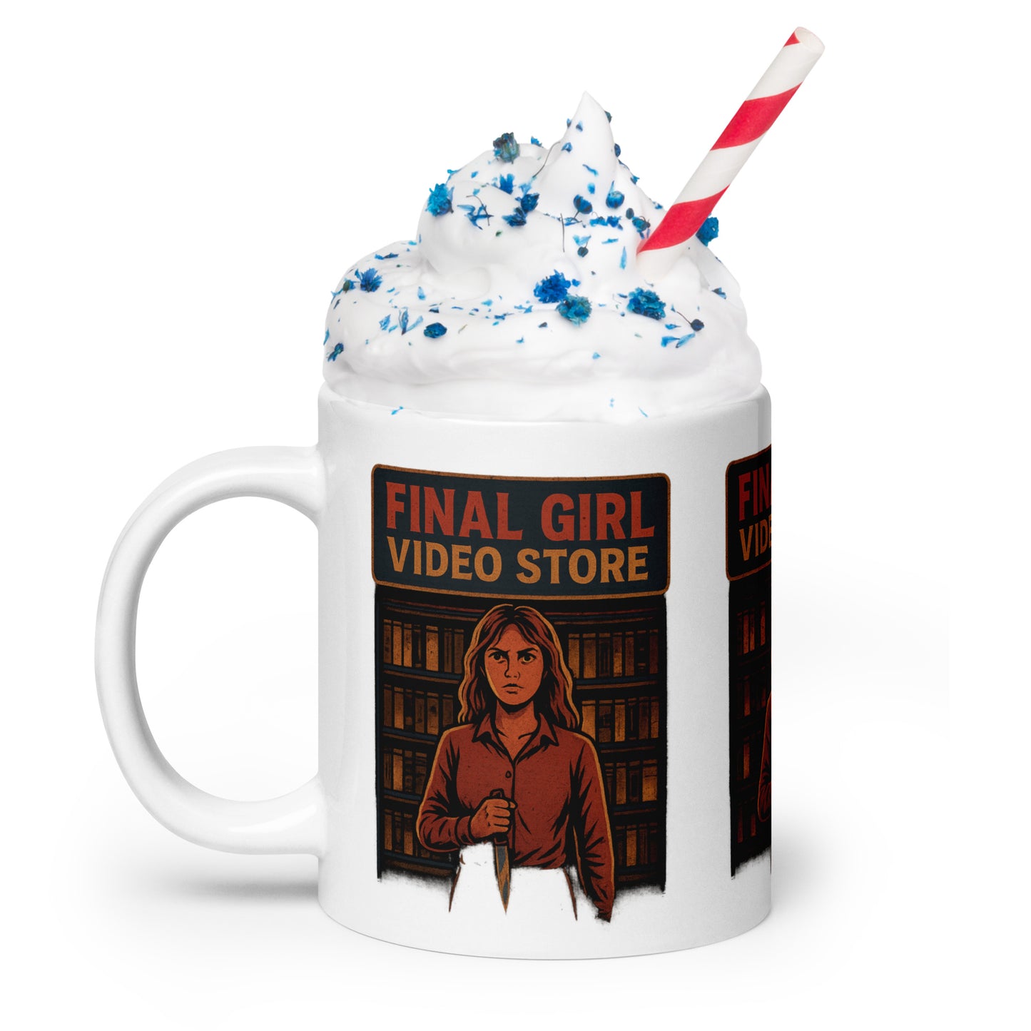 Final Girl Video Store White glossy mug from Rare Plus Apparel – unique movie & pop culture inspired design.