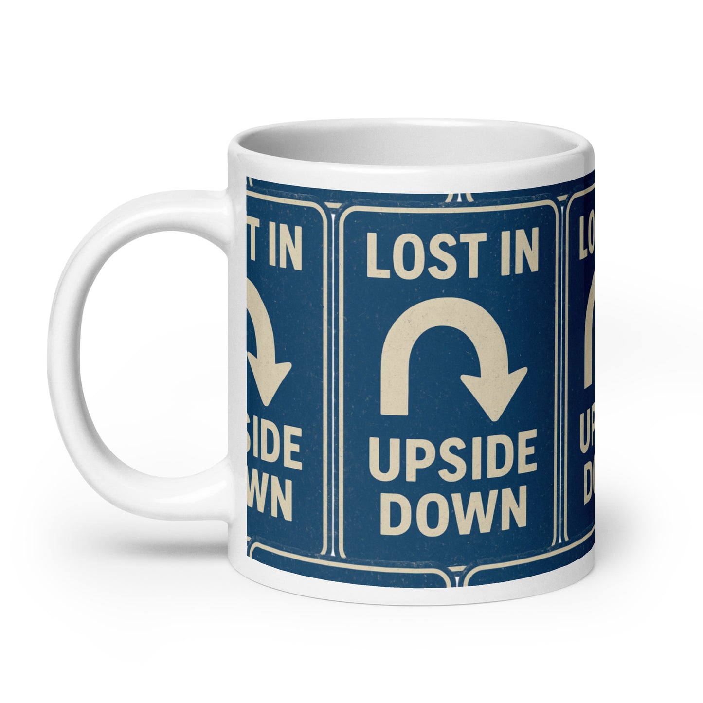 Lost in the Upside Down White glossy mug from Rare Plus Apparel – unique movie & pop culture inspired design.