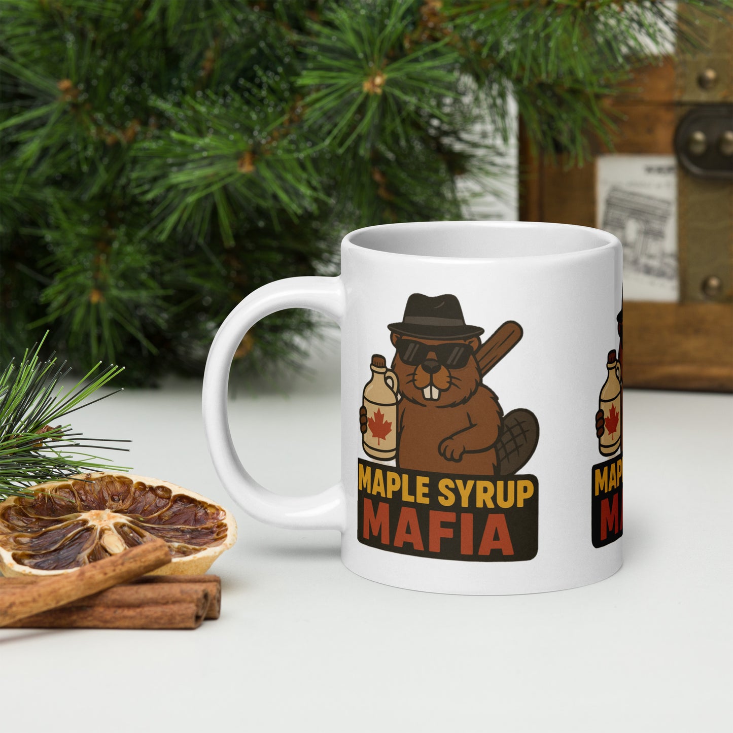 Maple Syrup Mafia White glossy mug from Rare Plus Apparel – unique movie & pop culture inspired design.