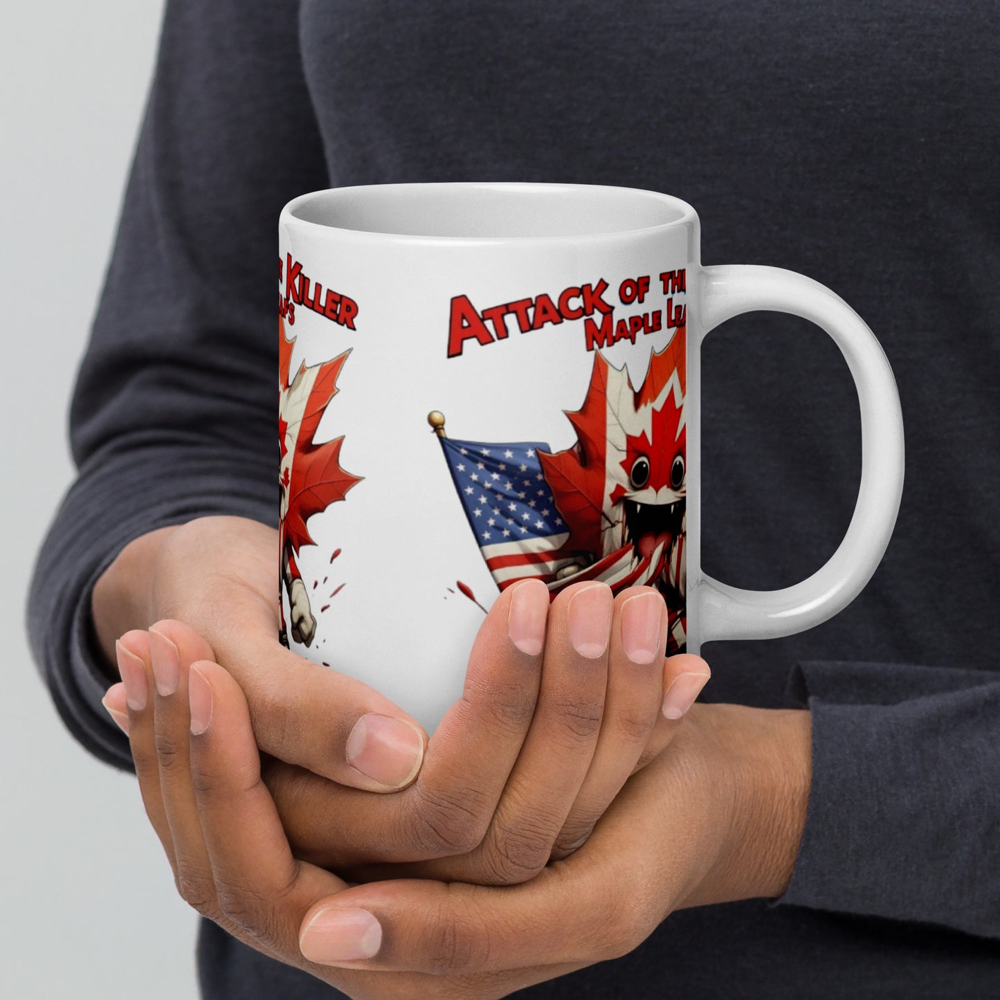 Maple Mayhem White glossy mug from Rare Plus Apparel – unique movie & pop culture inspired design.