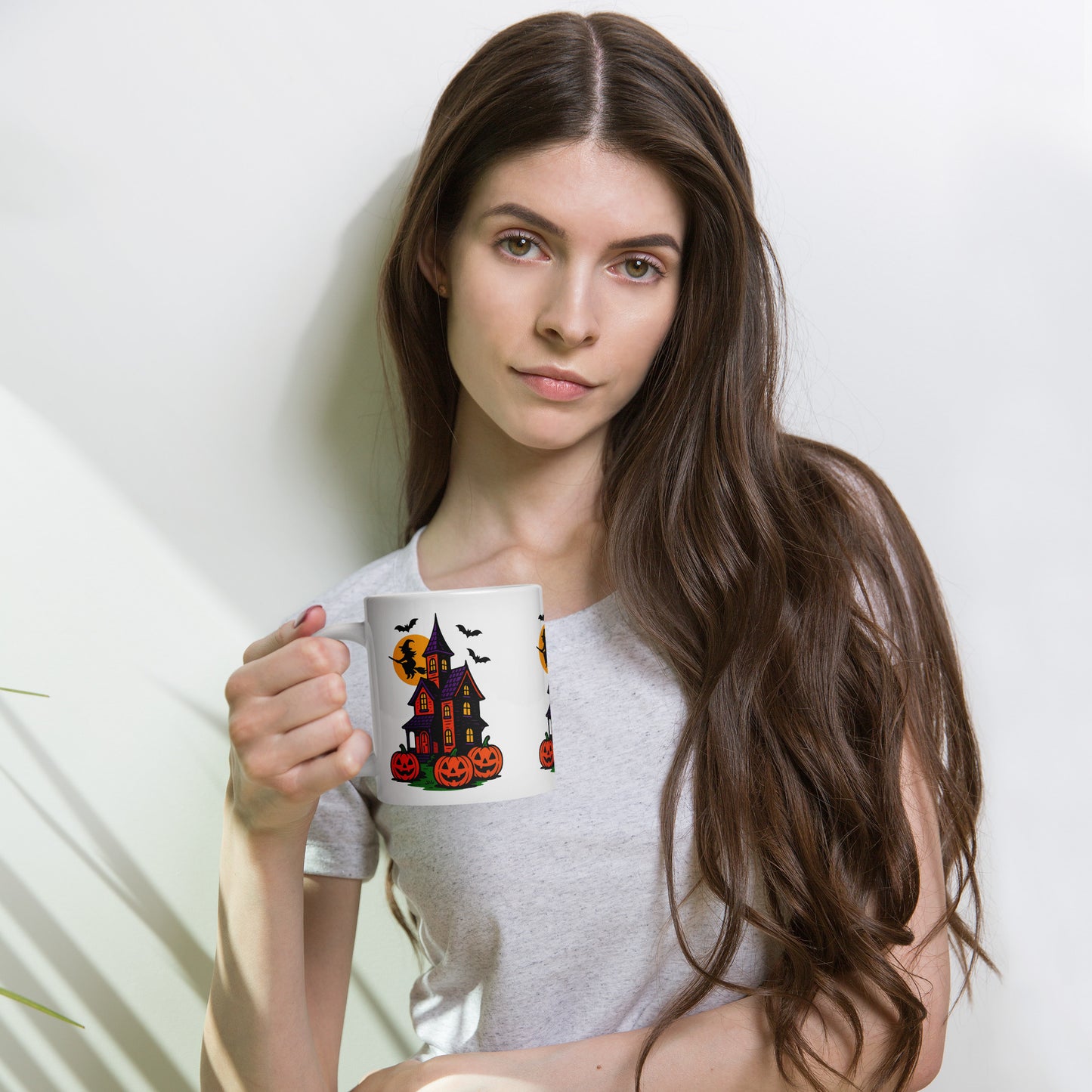 Haunted Halloween House White glossy mug from Rare Plus Apparel – unique movie & pop culture inspired design.