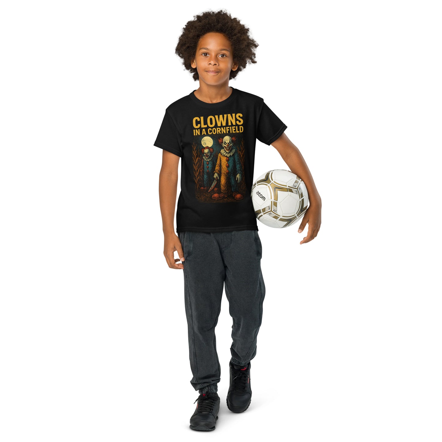Clowns in a Cornfield Youth t-shirt from Rare Plus Apparel – unique movie & pop culture inspired design.