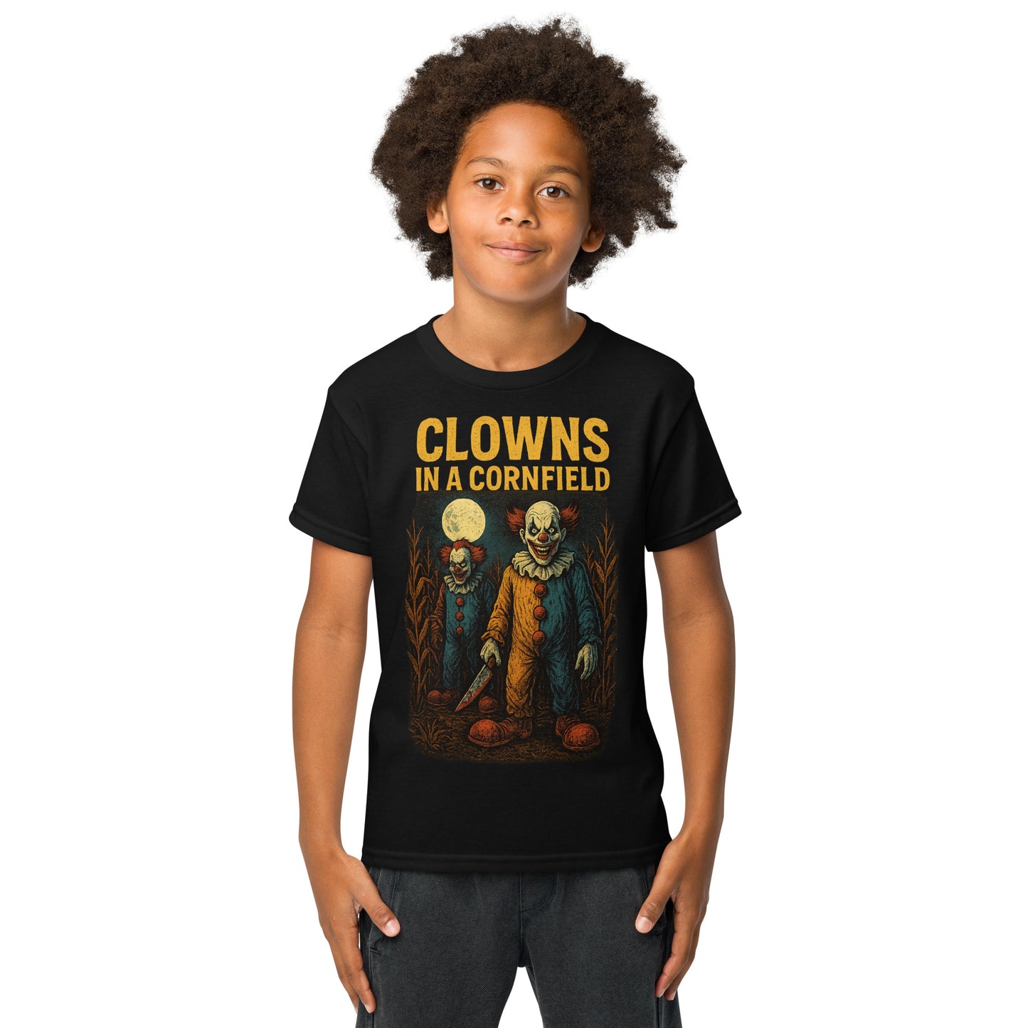 Clowns in a Cornfield Youth t-shirt from Rare Plus Apparel – unique movie & pop culture inspired design.