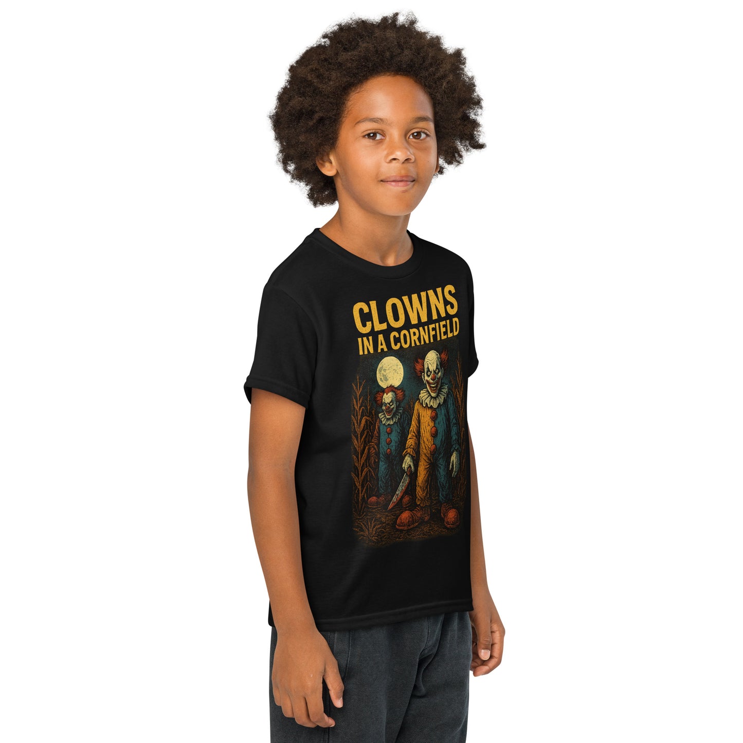 Clowns in a Cornfield Youth t-shirt from Rare Plus Apparel – unique movie & pop culture inspired design.