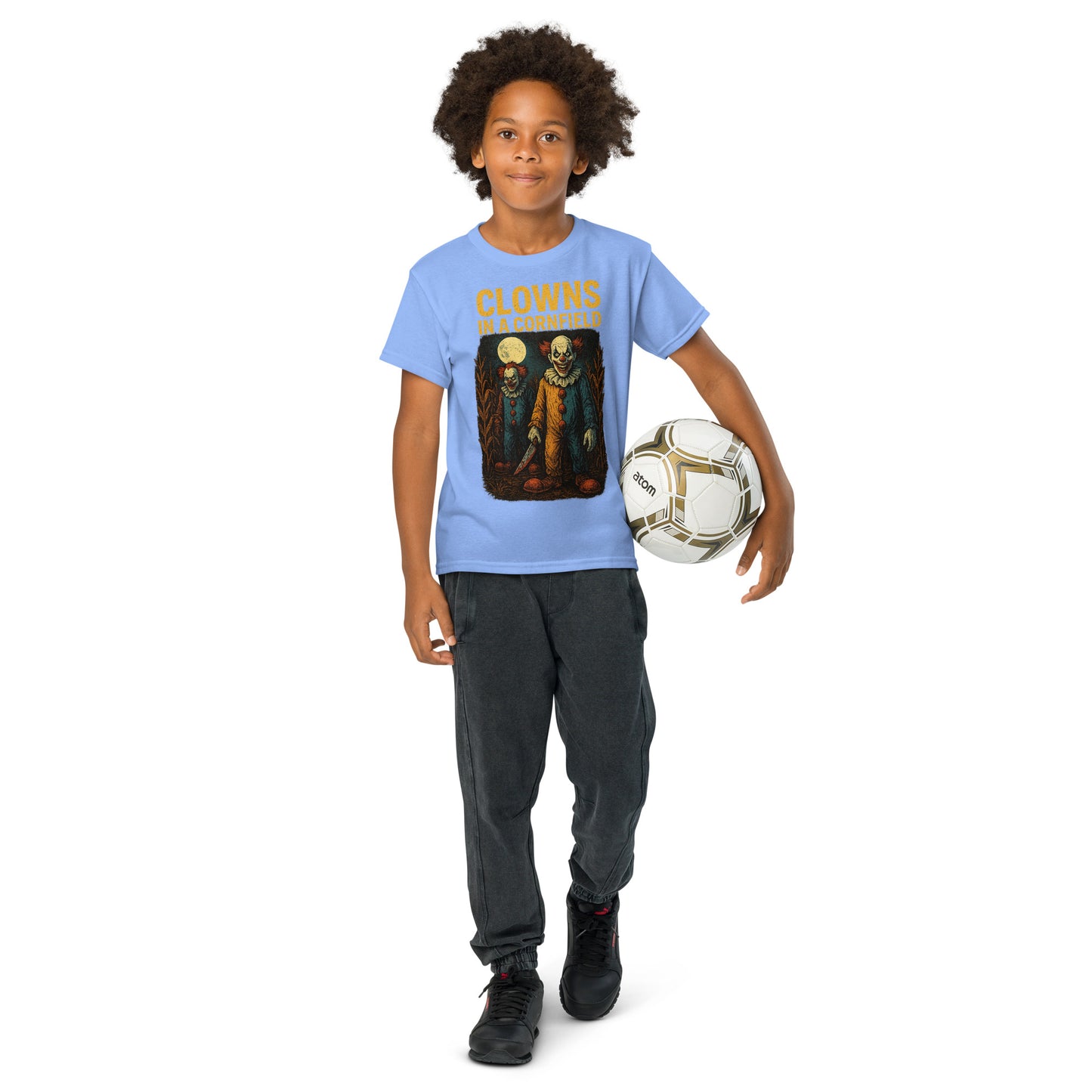 Clowns in a Cornfield Youth t-shirt from Rare Plus Apparel – unique movie & pop culture inspired design.