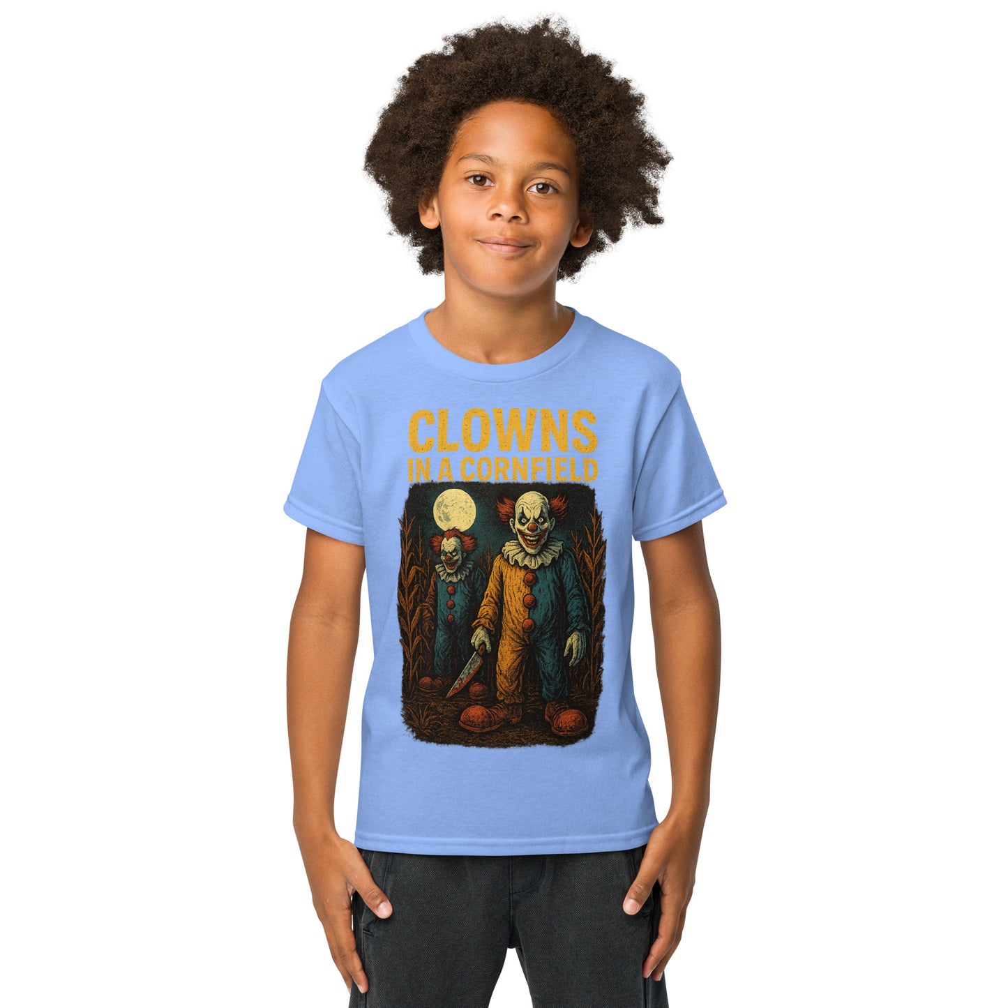 Clowns in a Cornfield Youth t-shirt from Rare Plus Apparel – unique movie & pop culture inspired design.