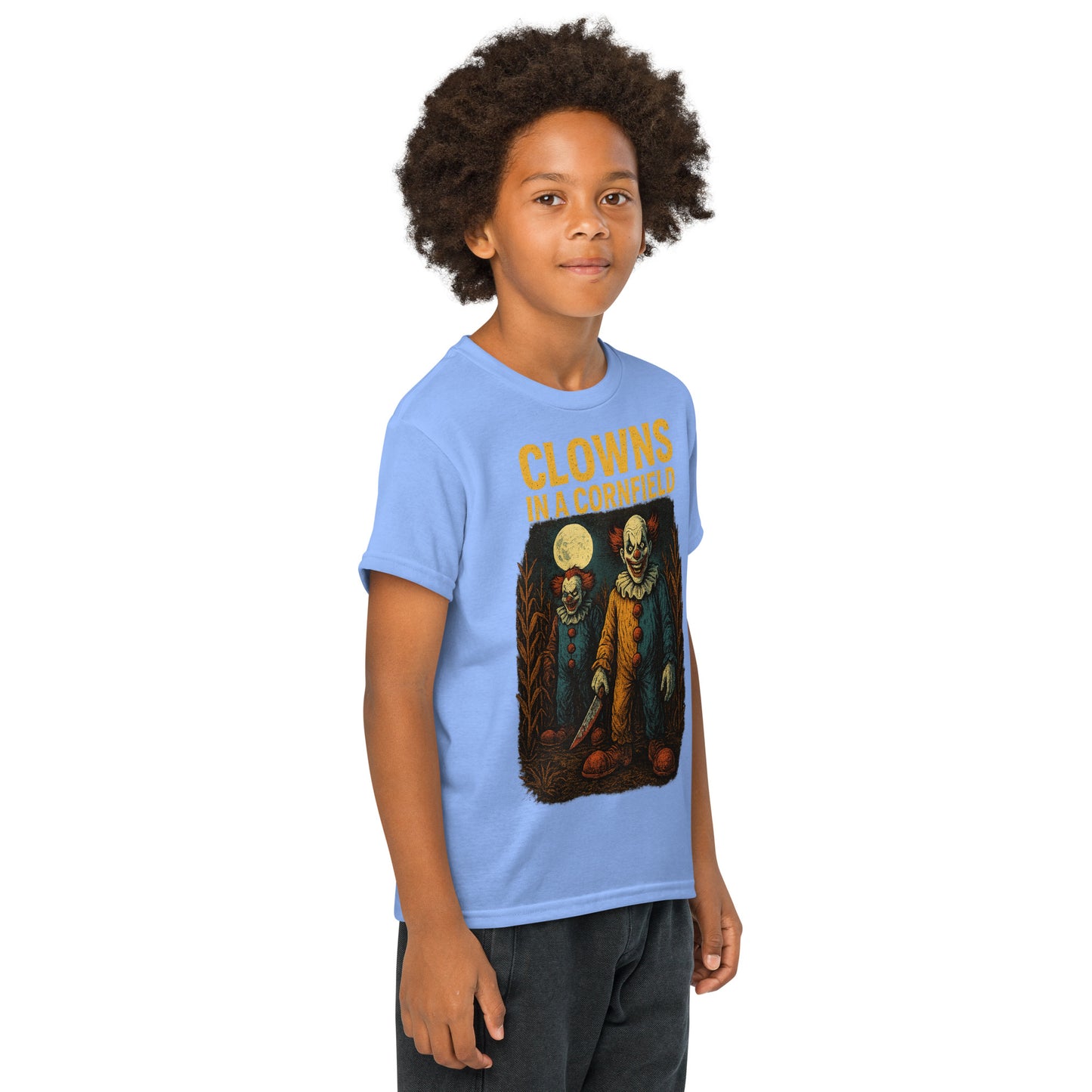 Clowns in a Cornfield Youth t-shirt from Rare Plus Apparel – unique movie & pop culture inspired design.