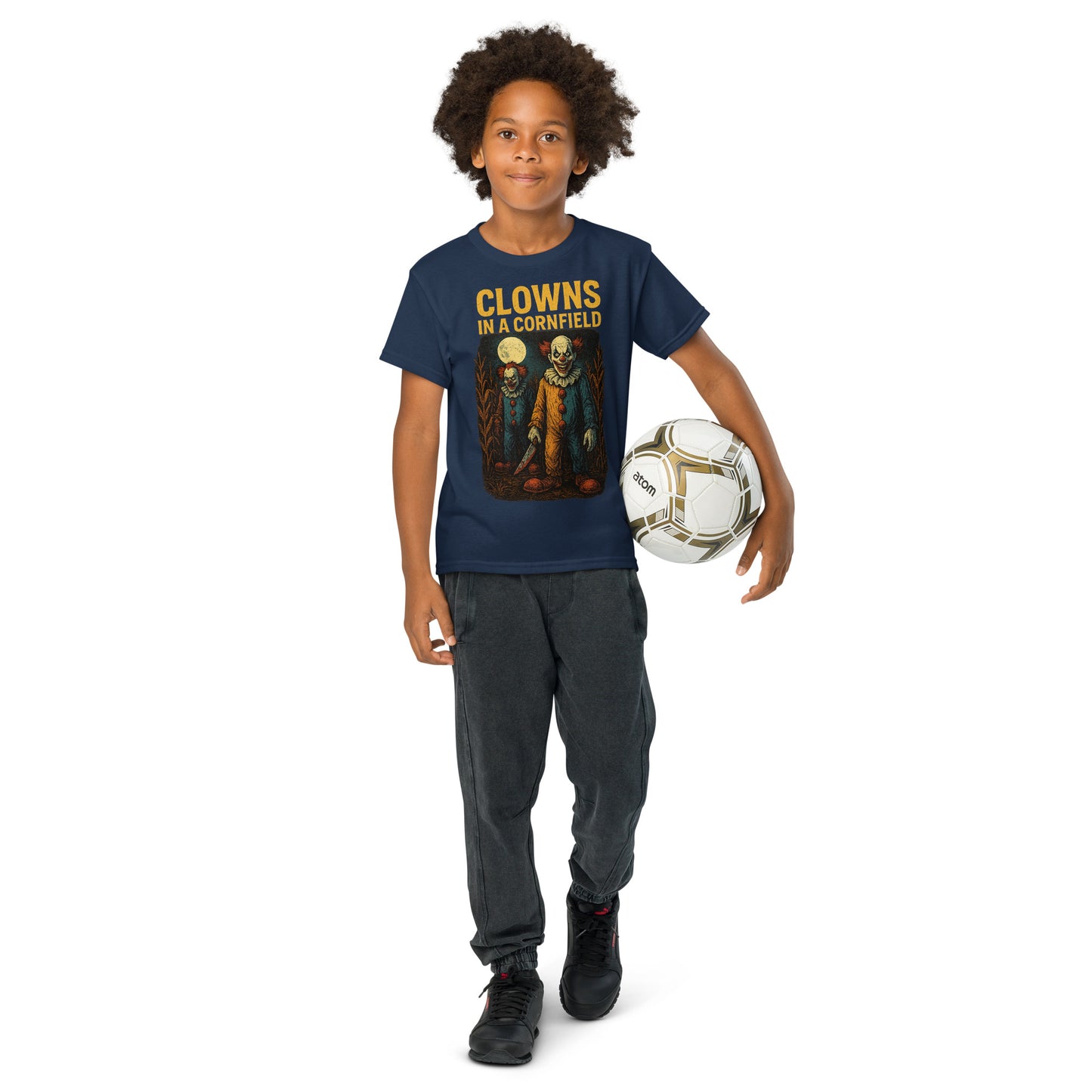 Clowns in a Cornfield Youth t-shirt from Rare Plus Apparel – unique movie & pop culture inspired design.
