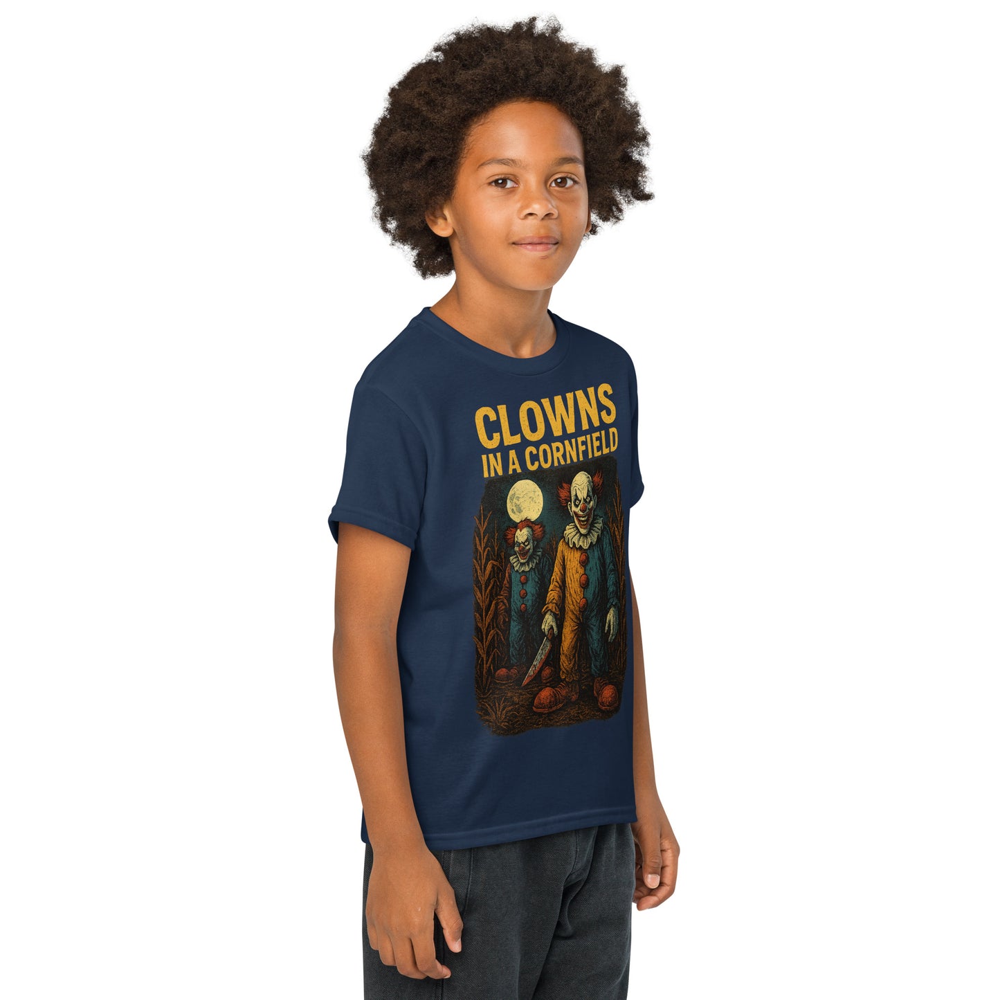 Clowns in a Cornfield Youth t-shirt from Rare Plus Apparel – unique movie & pop culture inspired design.