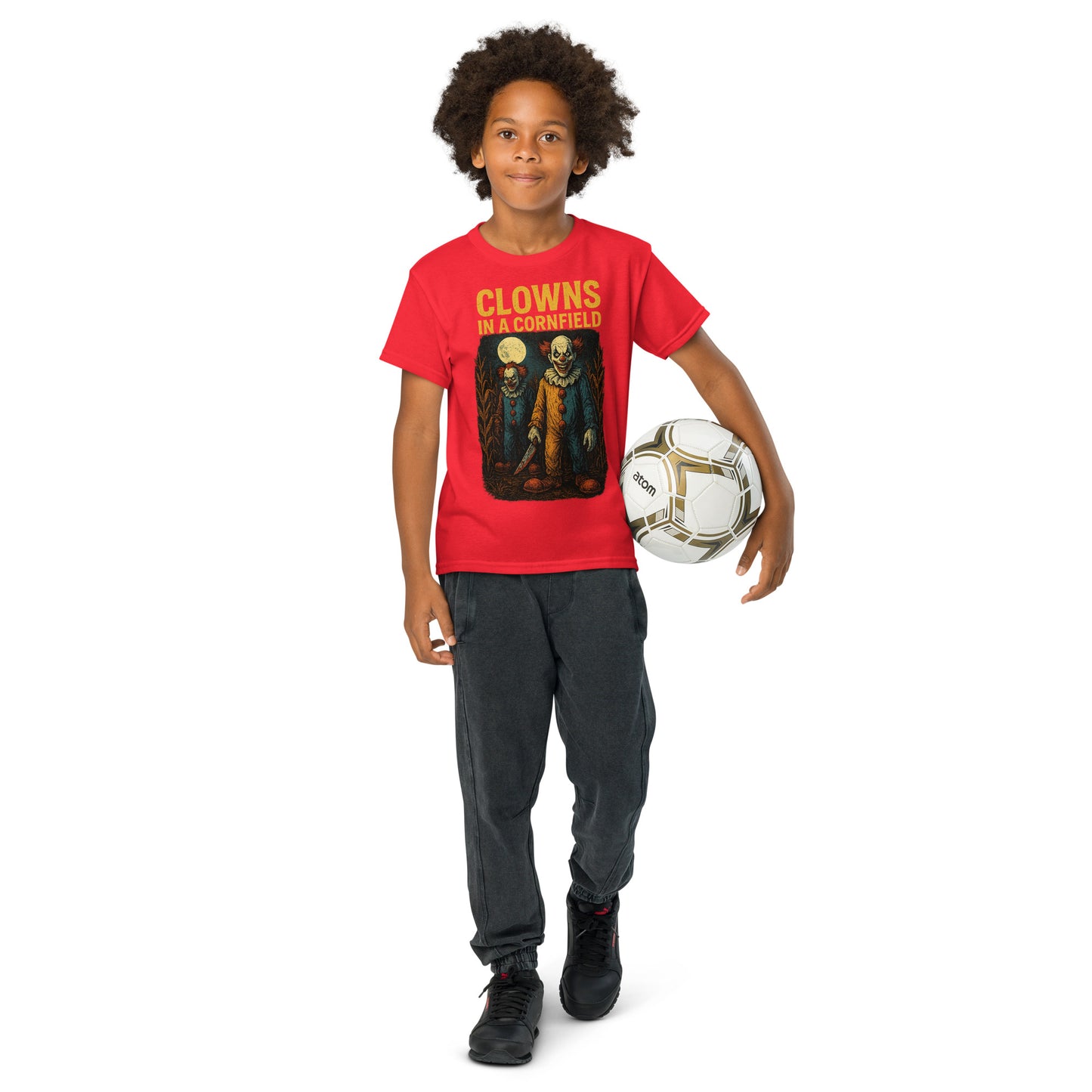 Clowns in a Cornfield Youth t-shirt from Rare Plus Apparel – unique movie & pop culture inspired design.