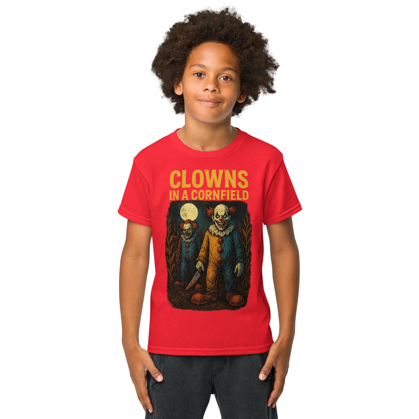 Clowns in a Cornfield Youth t-shirt from Rare Plus Apparel – unique movie & pop culture inspired design.