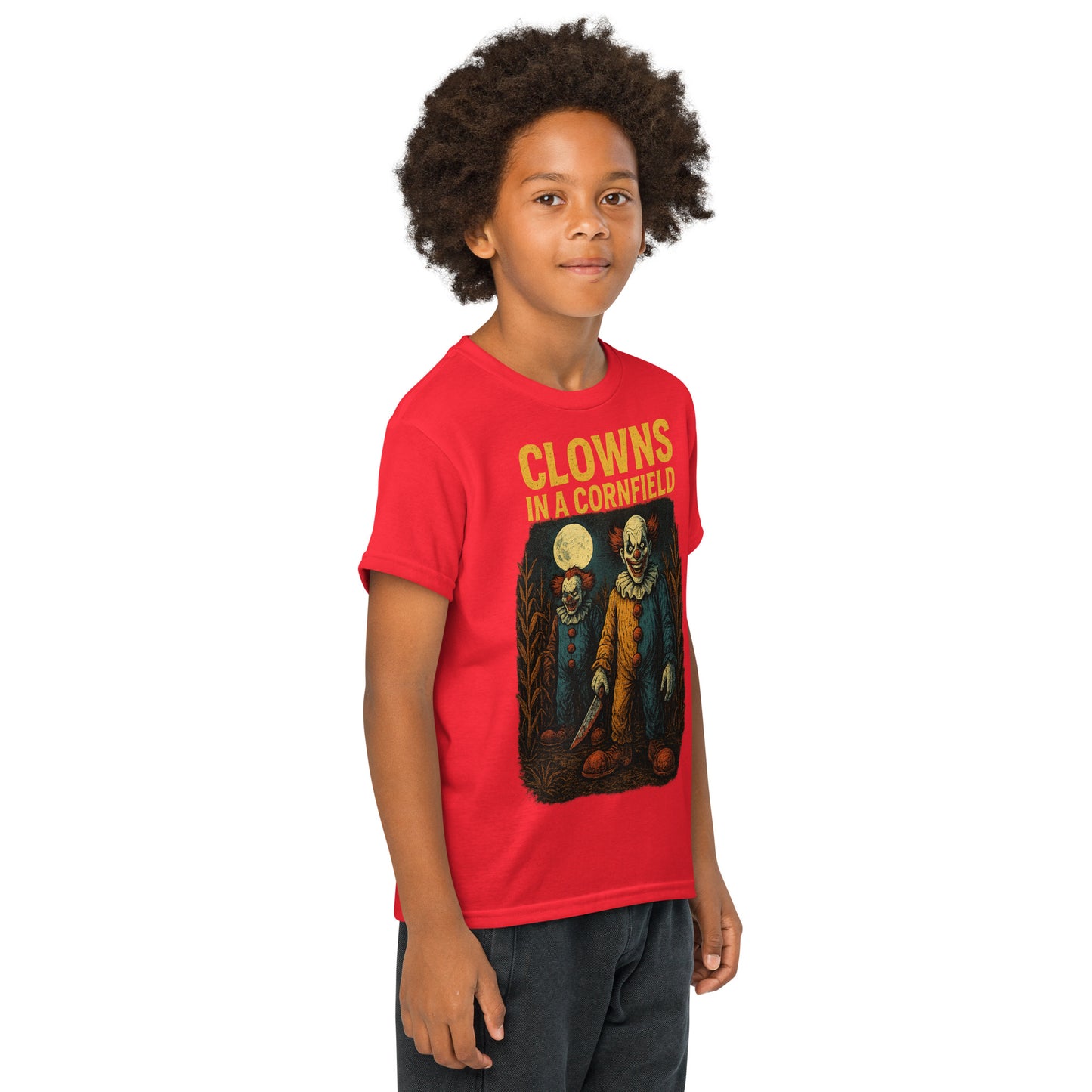 Clowns in a Cornfield Youth t-shirt from Rare Plus Apparel – unique movie & pop culture inspired design.