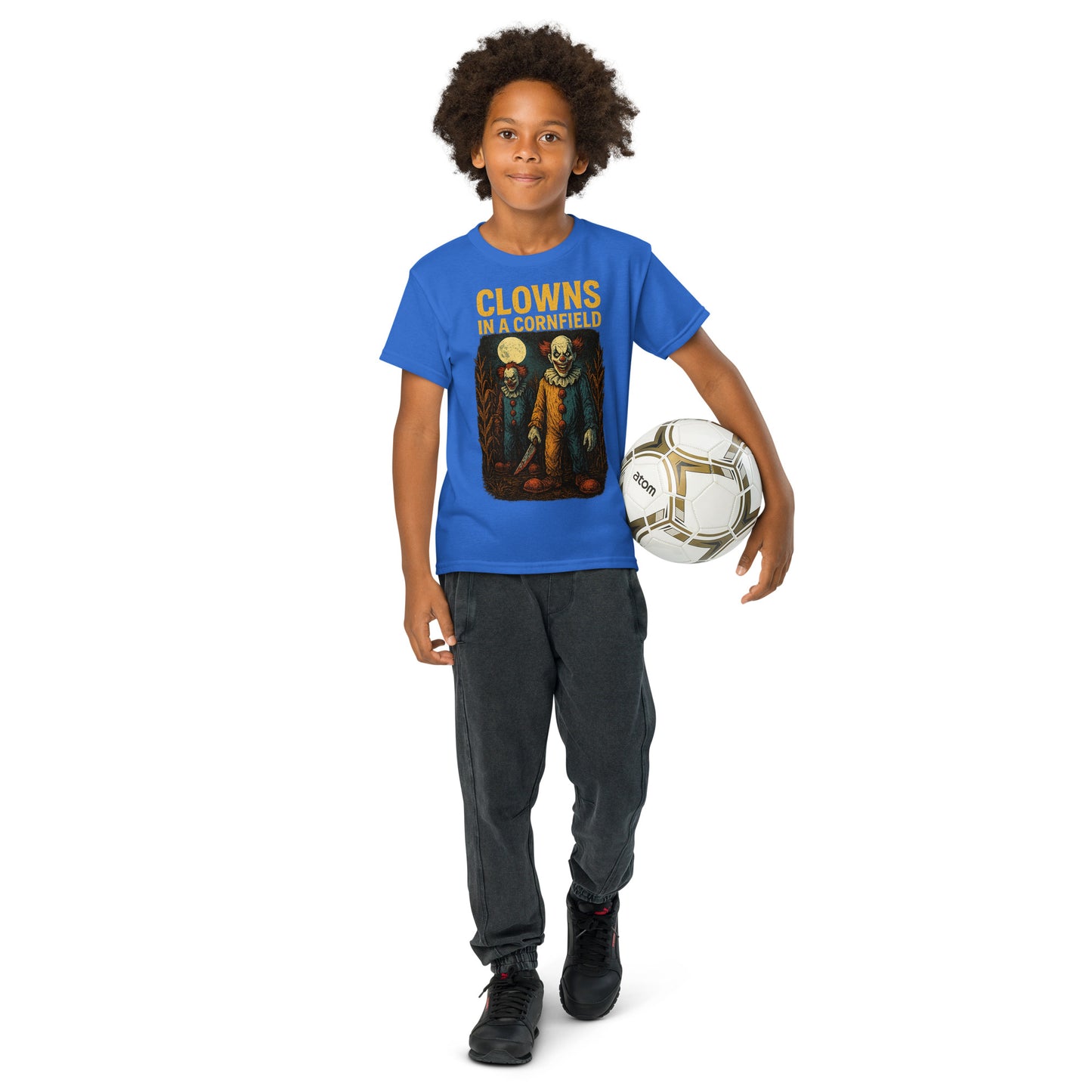 Clowns in a Cornfield Youth t-shirt from Rare Plus Apparel – unique movie & pop culture inspired design.