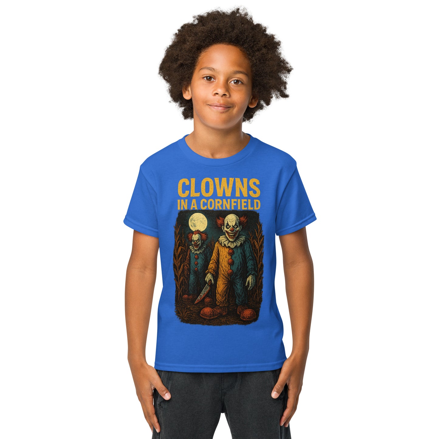 Clowns in a Cornfield Youth t-shirt from Rare Plus Apparel – unique movie & pop culture inspired design.