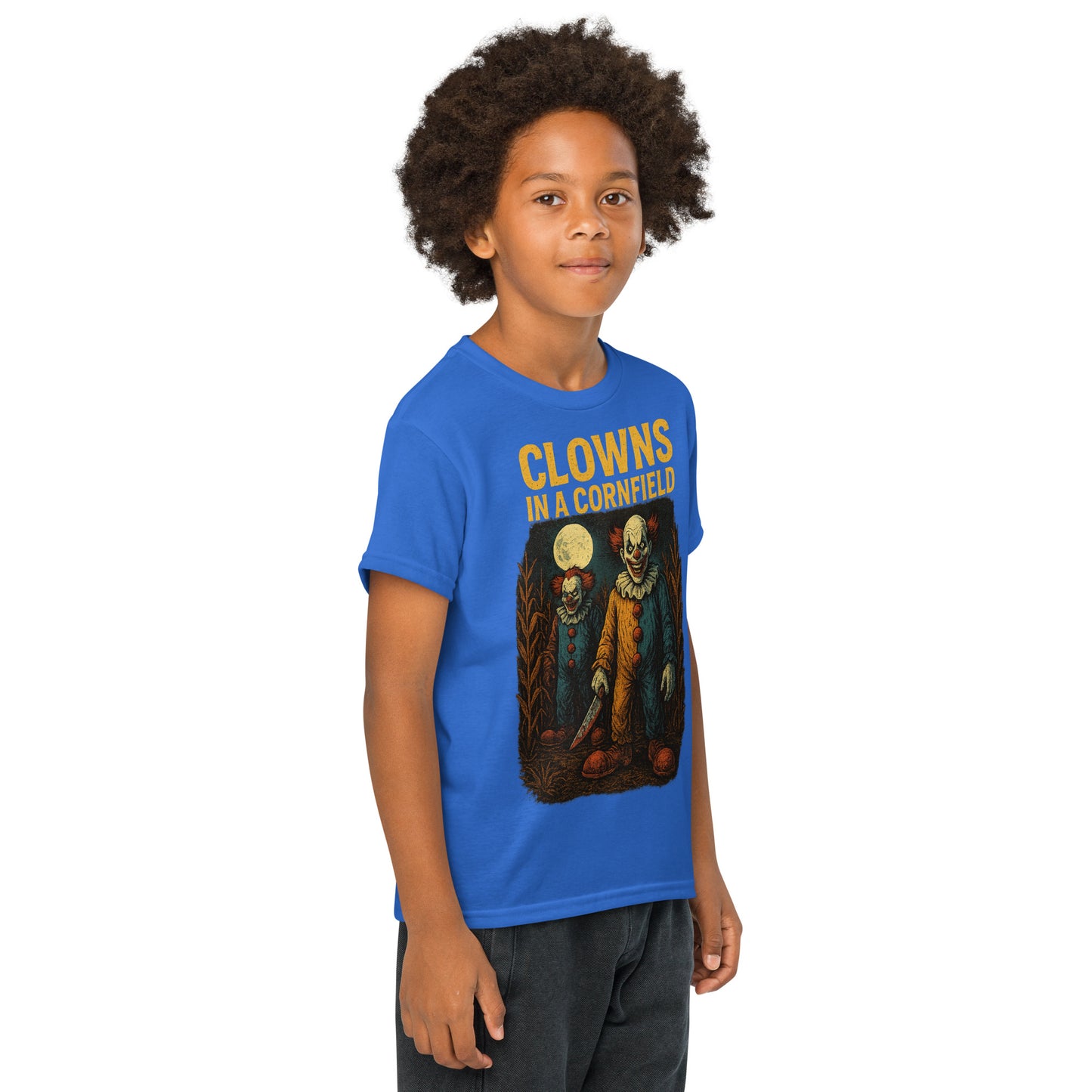 Clowns in a Cornfield Youth t-shirt from Rare Plus Apparel – unique movie & pop culture inspired design.