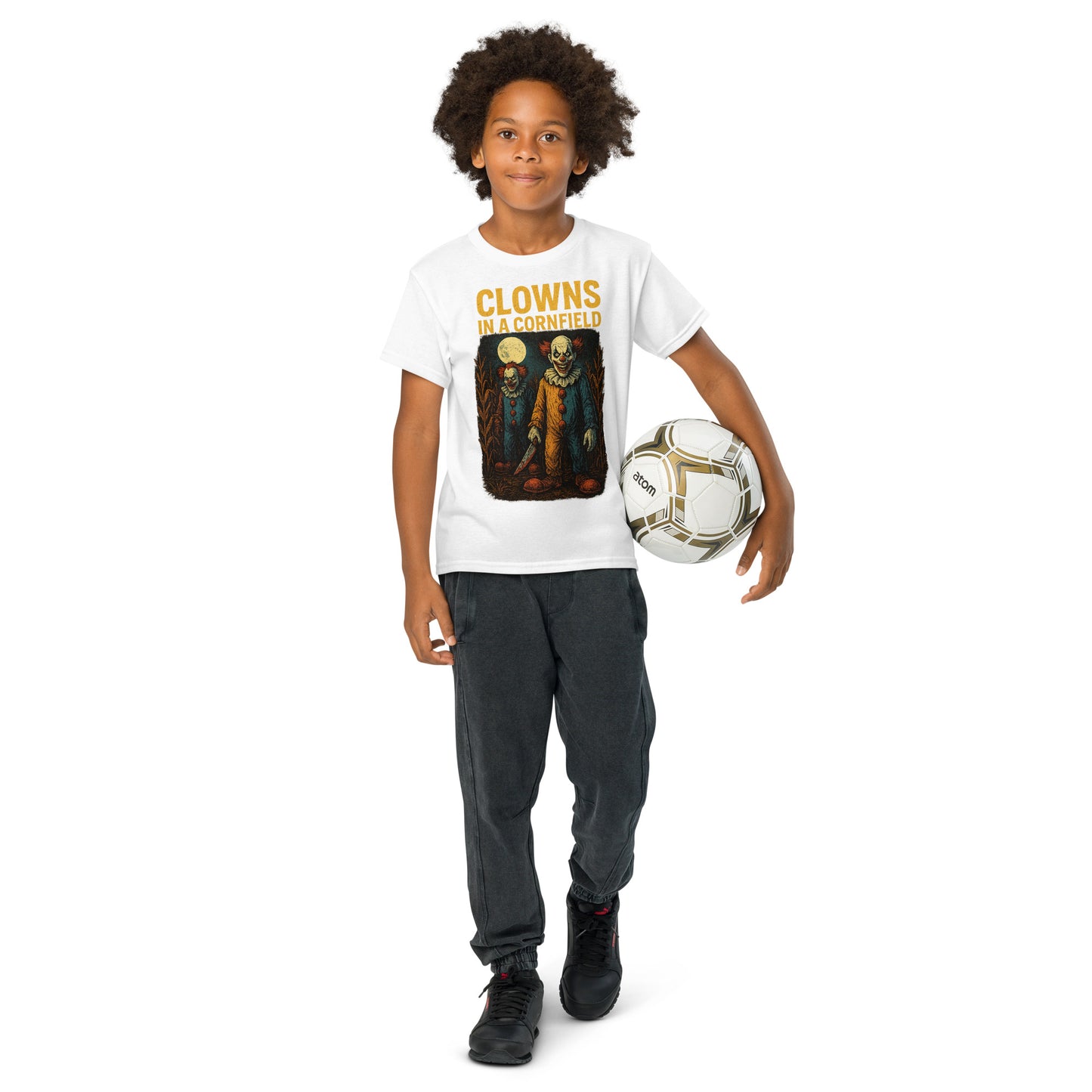 Clowns in a Cornfield Youth t-shirt from Rare Plus Apparel – unique movie & pop culture inspired design.