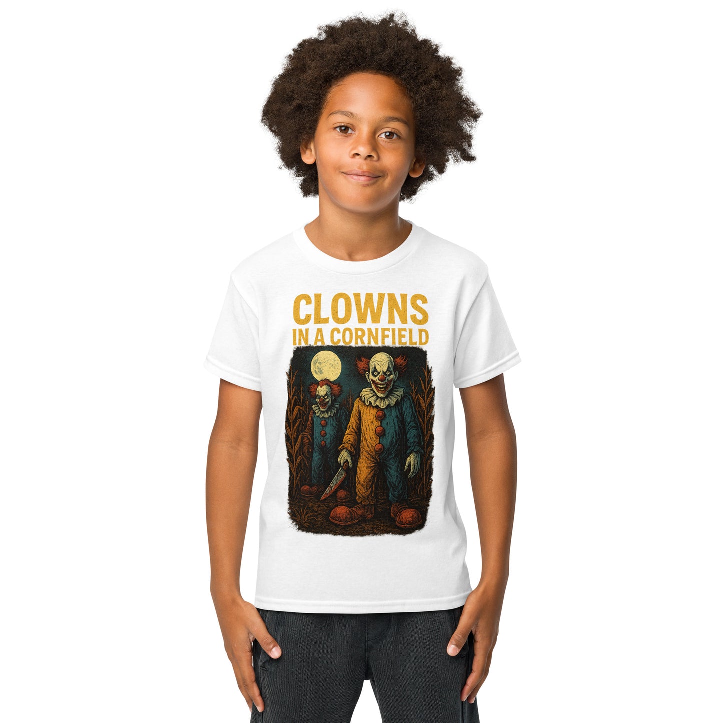 Clowns in a Cornfield Youth t-shirt from Rare Plus Apparel – unique movie & pop culture inspired design.