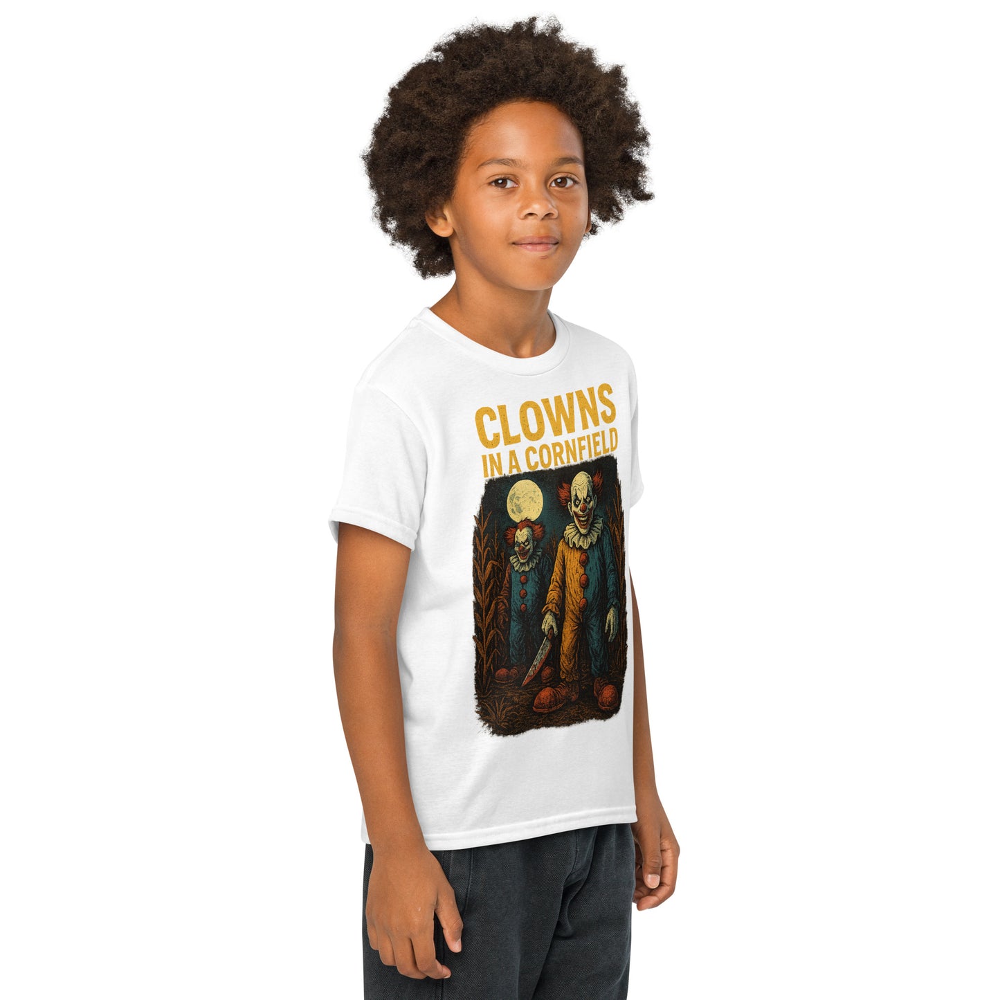Clowns in a Cornfield Youth t-shirt from Rare Plus Apparel – unique movie & pop culture inspired design.