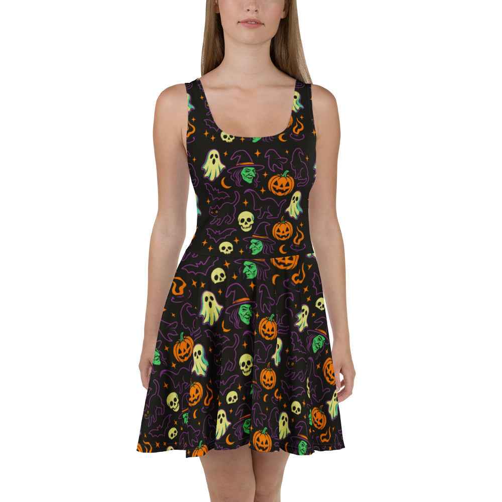 Model wearing a Rare Plus Apparel! horror-inspired dress featuring bold retro graphics and vintage-inspired details.