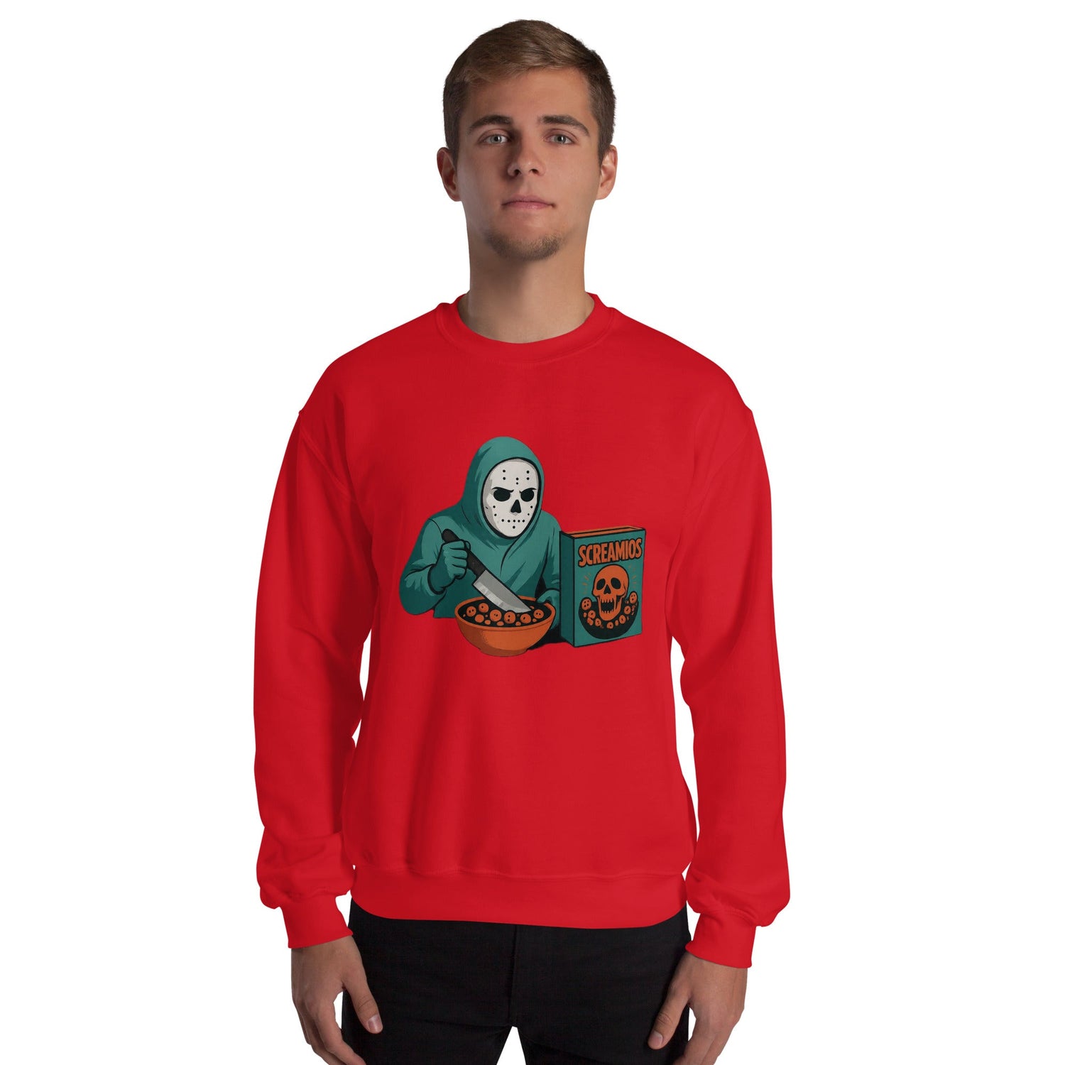Red Hoodie w/ Illustration of a masked slasher sitting at a breakfast table eating a bowl of cereal shaped like victims, with neon retro horror tones and a movie-poster aesthetic.
