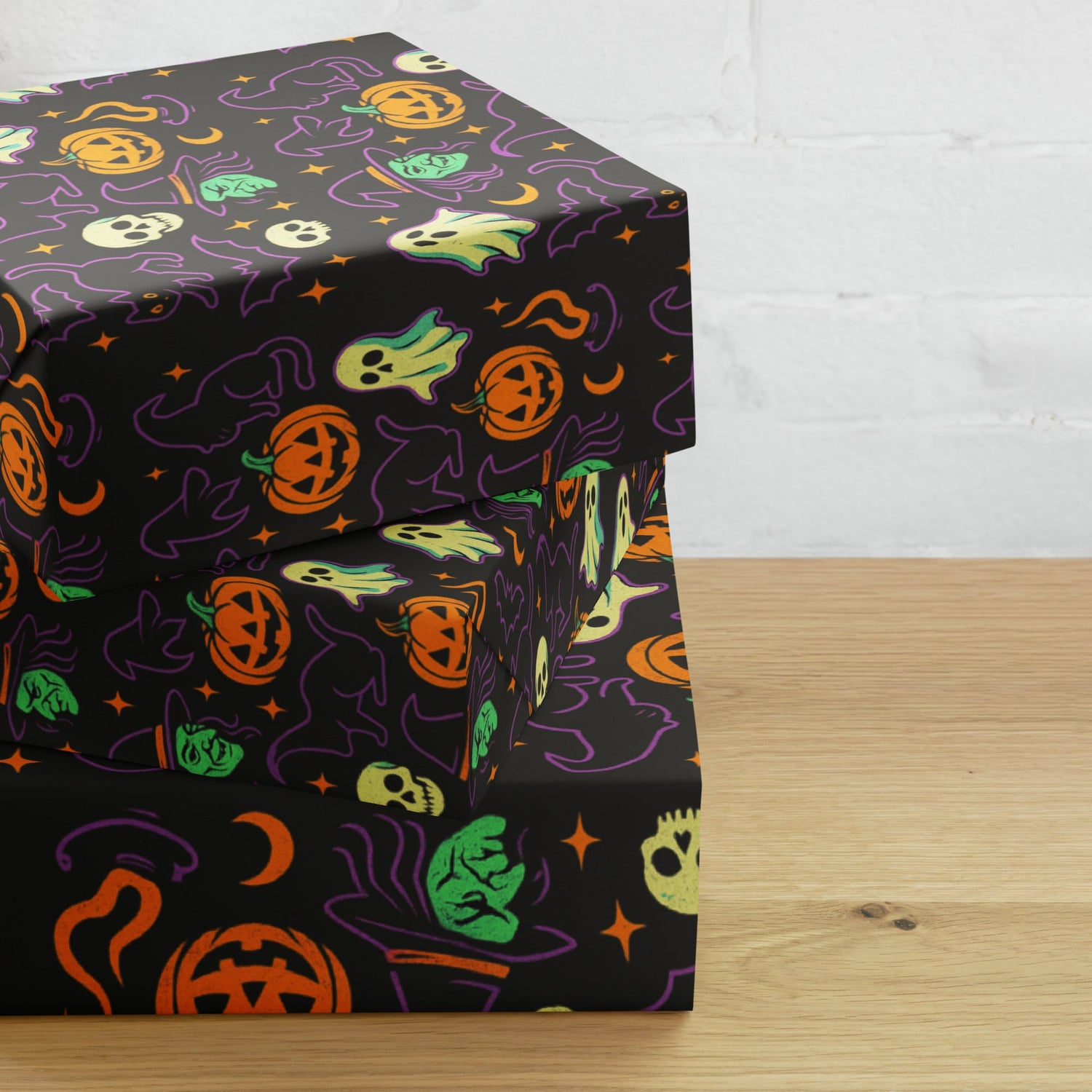 All-over print Halloween wrapping paper featuring spooky designs, ghosts, skeletons, and retro horror motifs for the Holiday Collection