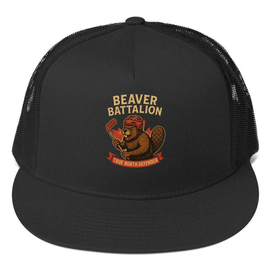 Beaver Battalion – True North Defender Trucker Cap  from Rare Plus Apparel – unique movie & pop culture inspired design.