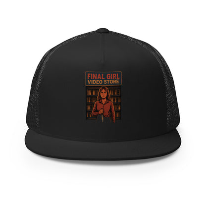 Final Girl Video Store Trucker Cap  from Rare Plus Apparel – unique movie & pop culture inspired design.