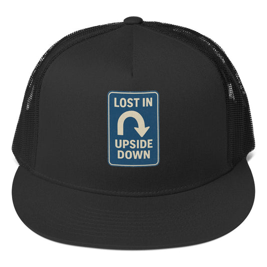 Lost in the Upside Down Trucker Cap  from Rare Plus Apparel – unique movie & pop culture inspired design.