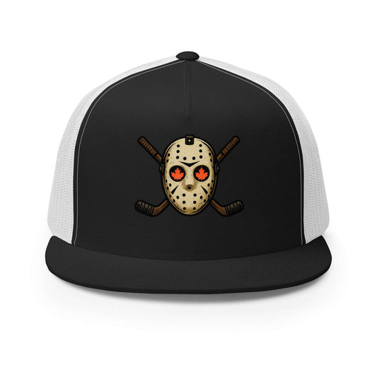 Hockey Mask Haunt Trucker Cap  from Rare Plus Apparel – unique movie & pop culture inspired design.