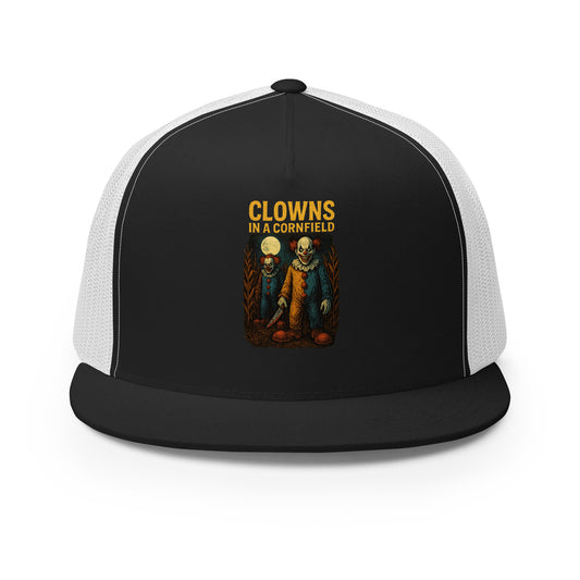 Clowns in a Cornfield Trucker Cap  from Rare Plus Apparel – unique movie & pop culture inspired design.