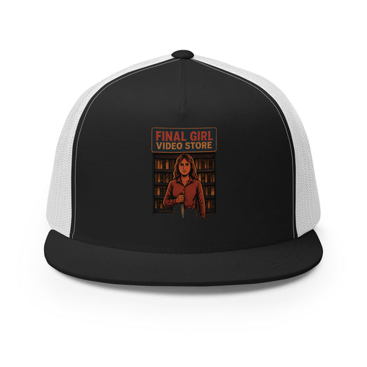 Final Girl Video Store Trucker Cap  from Rare Plus Apparel – unique movie & pop culture inspired design.