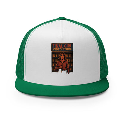 Final Girl Video Store Trucker Cap  from Rare Plus Apparel – unique movie & pop culture inspired design.