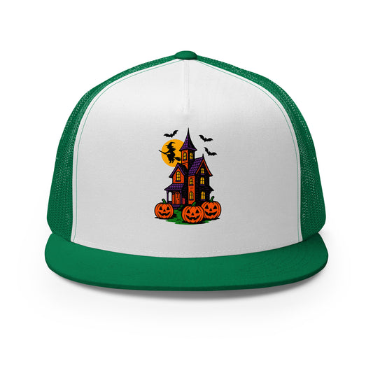 Haunted Halloween House Trucker Cap  from Rare Plus Apparel – unique movie & pop culture inspired design.