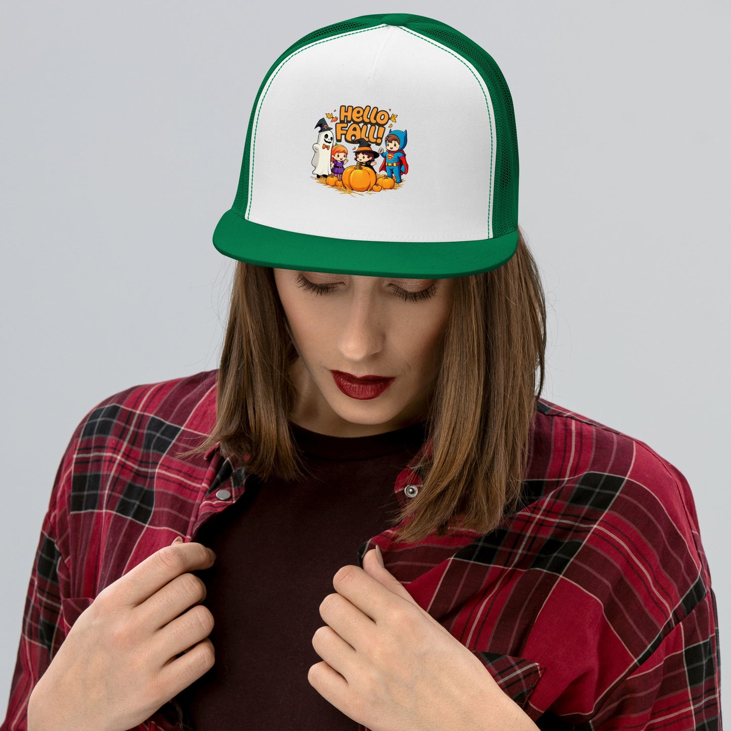 Hello Fall Trucker Cap  from Rare Plus Apparel – unique movie & pop culture inspired design.