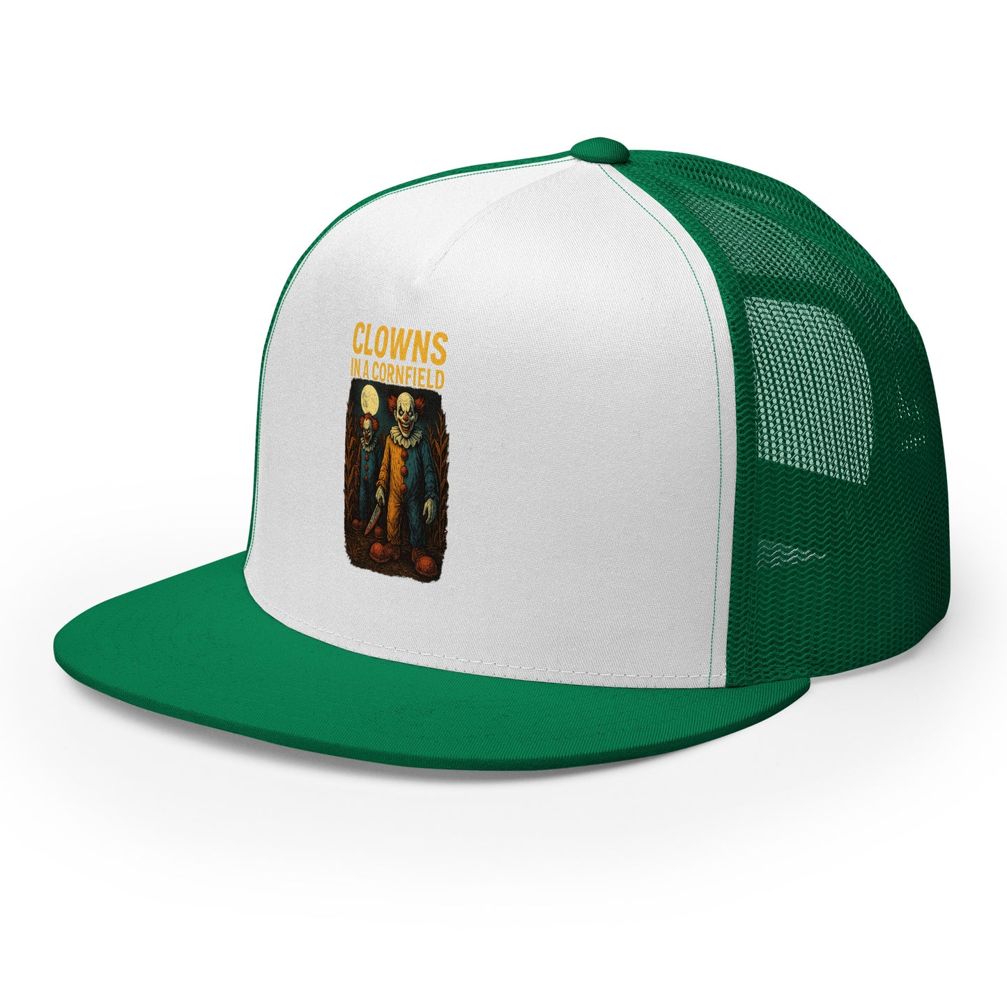 Clowns in a Cornfield Trucker Cap  from Rare Plus Apparel – unique movie & pop culture inspired design.