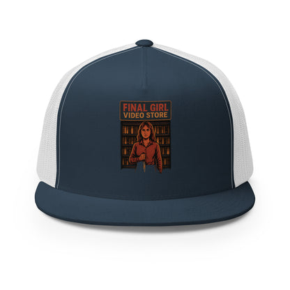 Final Girl Video Store Trucker Cap  from Rare Plus Apparel – unique movie & pop culture inspired design.