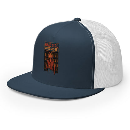 Final Girl Video Store Trucker Cap  from Rare Plus Apparel – unique movie & pop culture inspired design.