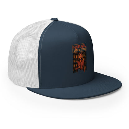 Final Girl Video Store Trucker Cap  from Rare Plus Apparel – unique movie & pop culture inspired design.
