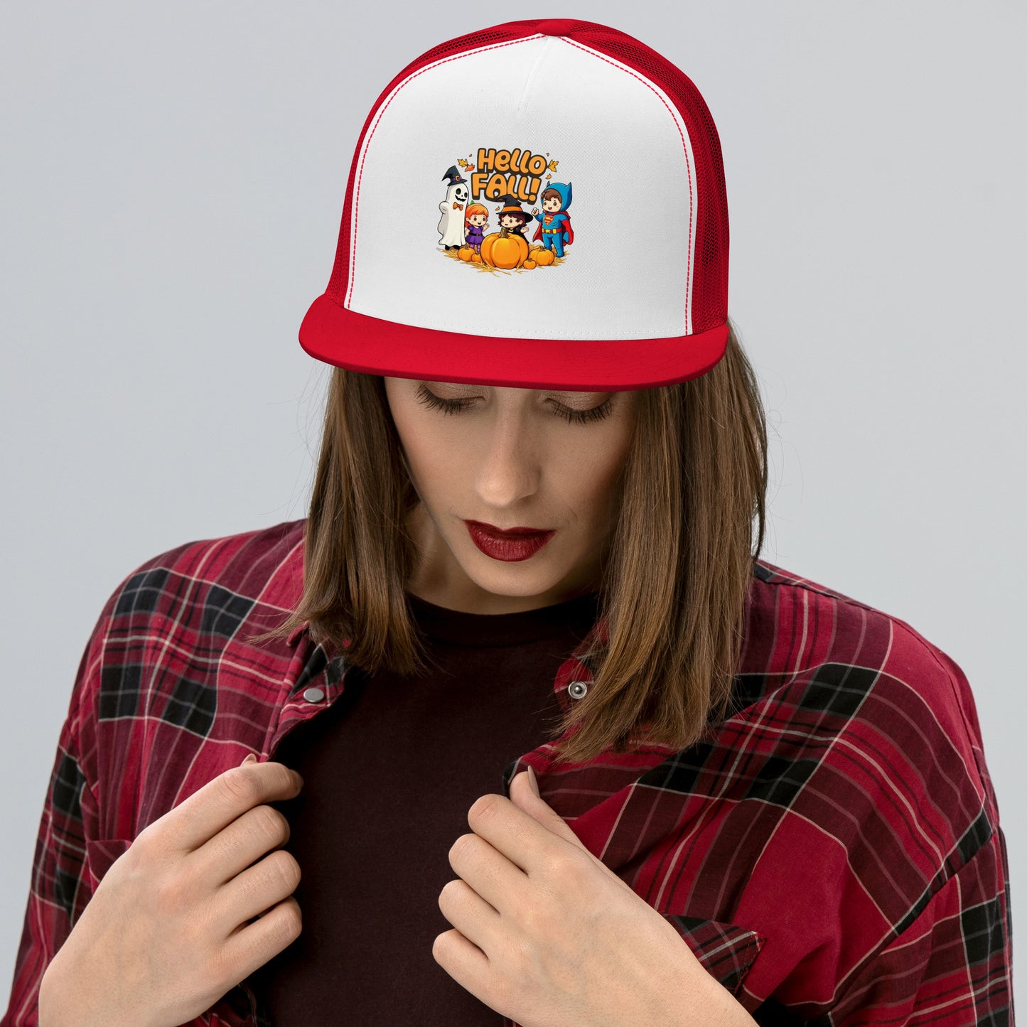 Hello Fall Trucker Cap  from Rare Plus Apparel – unique movie & pop culture inspired design.