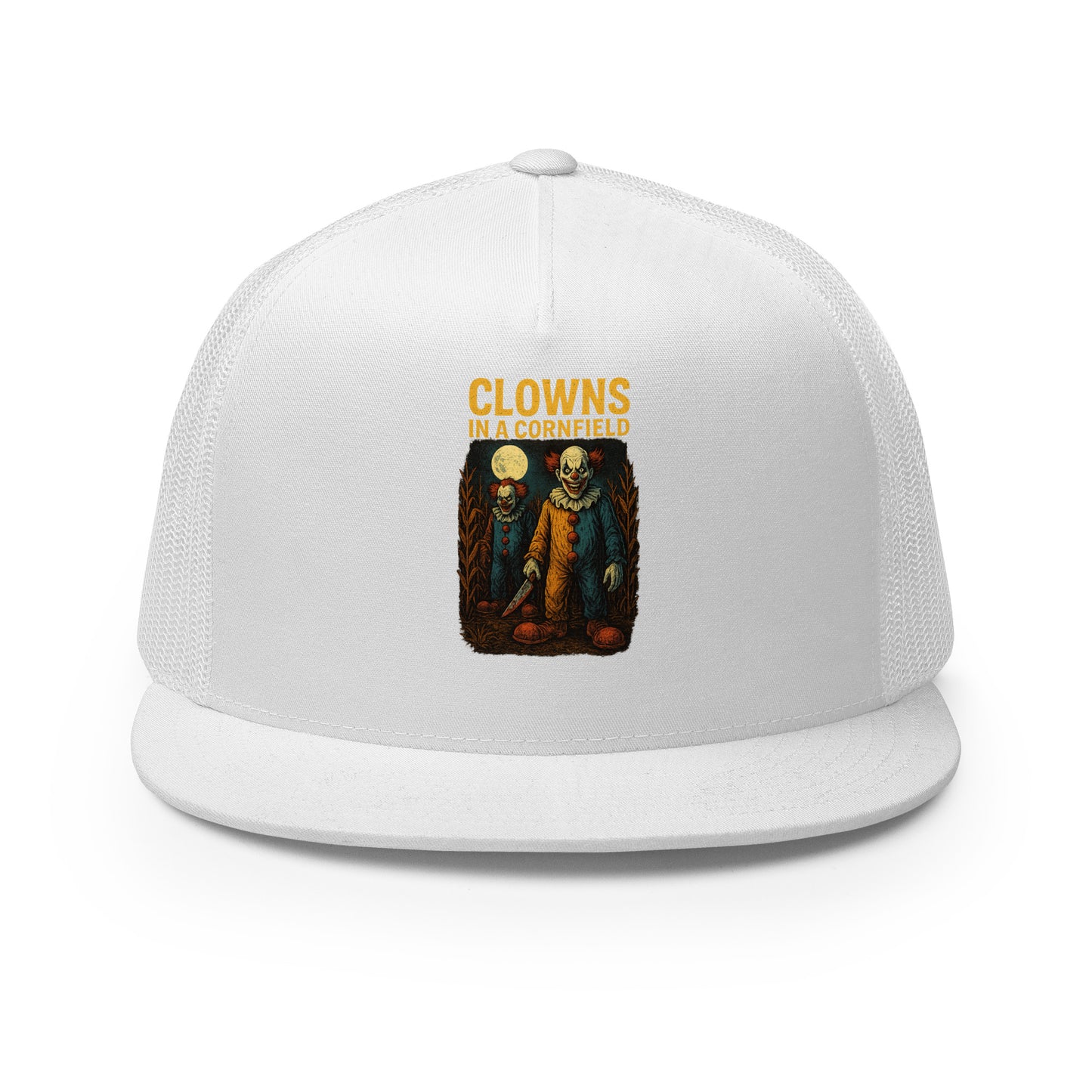Clowns in a Cornfield Trucker Cap  from Rare Plus Apparel – unique movie & pop culture inspired design.