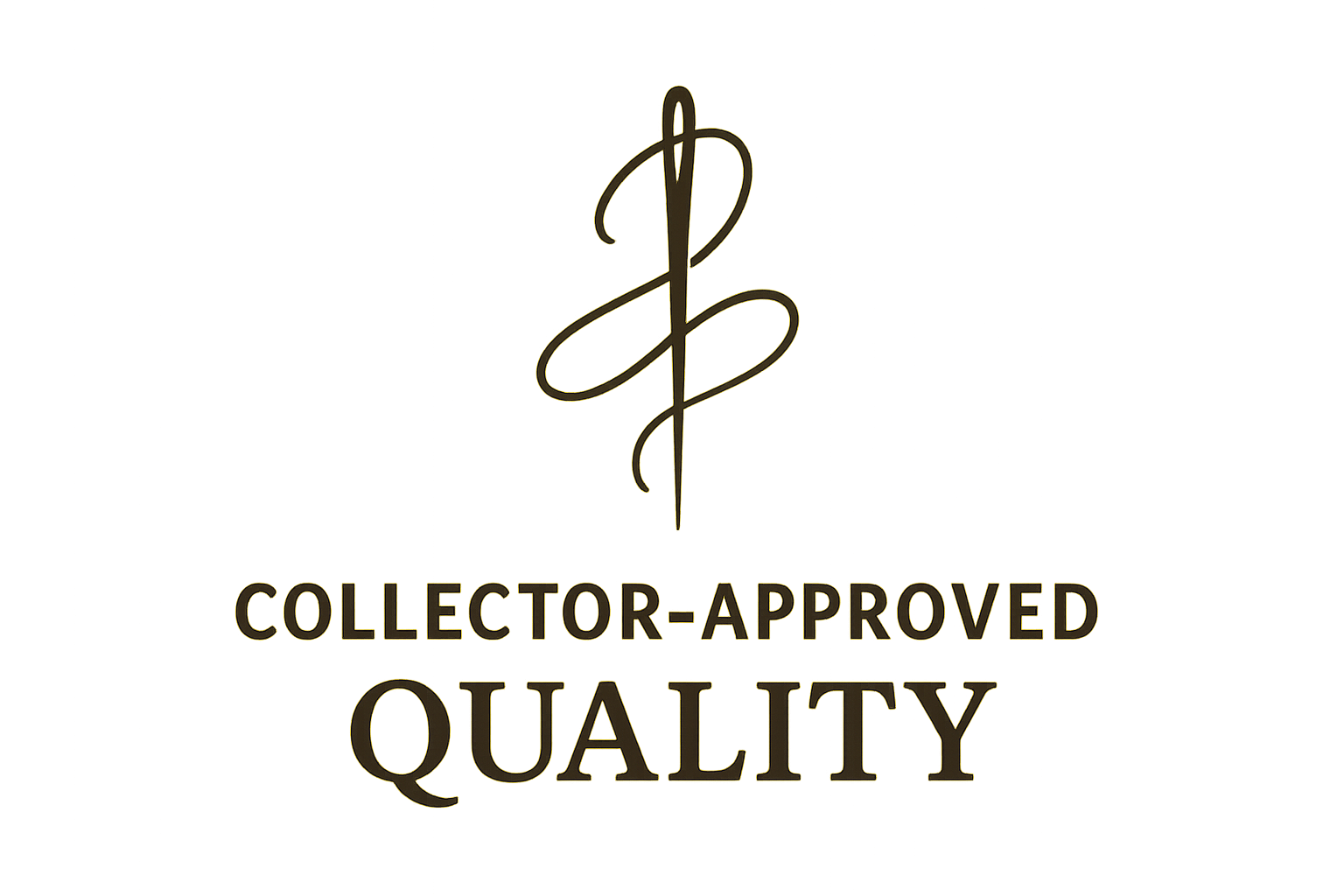 Icon featuring a needle and thread with the words “Collector Approved Quality” — symbolizing Rare Plus Apparel’s high-quality, fan-approved products crafted for collectors.