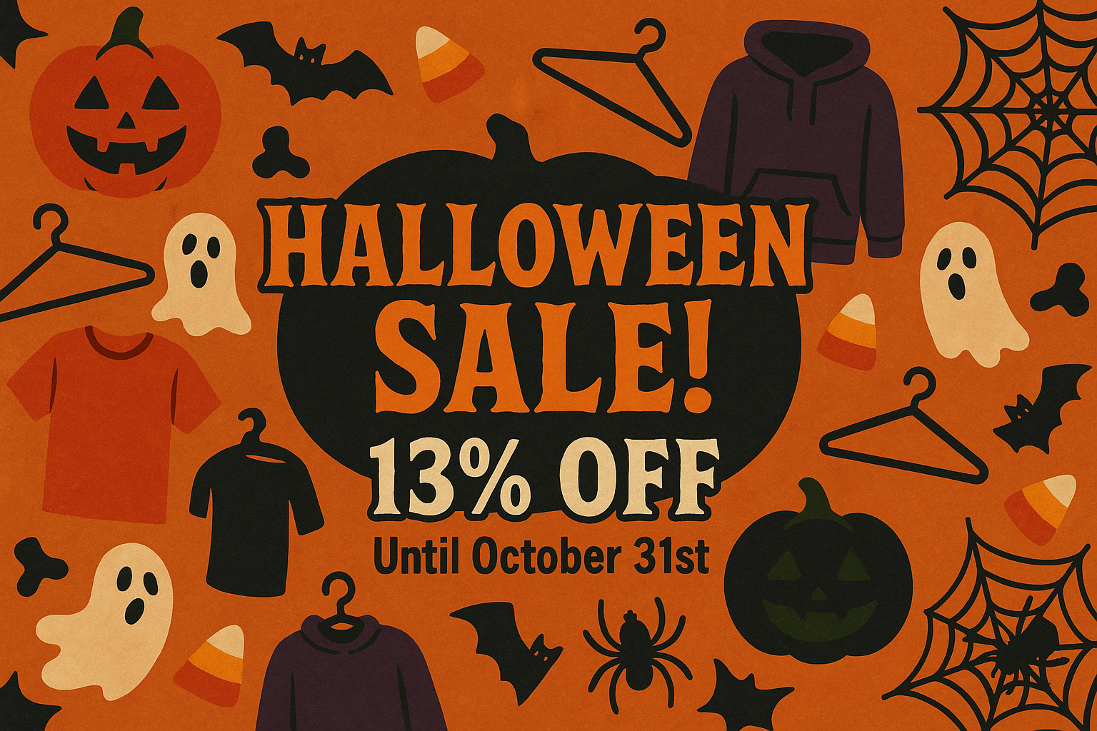 Halloween sale banner featuring pumpkins, spooky icons, and apparel graphics with the centered text “Halloween Sale! 13% OFF Until October 31st” — promotional image for Rare Plus Apparel.