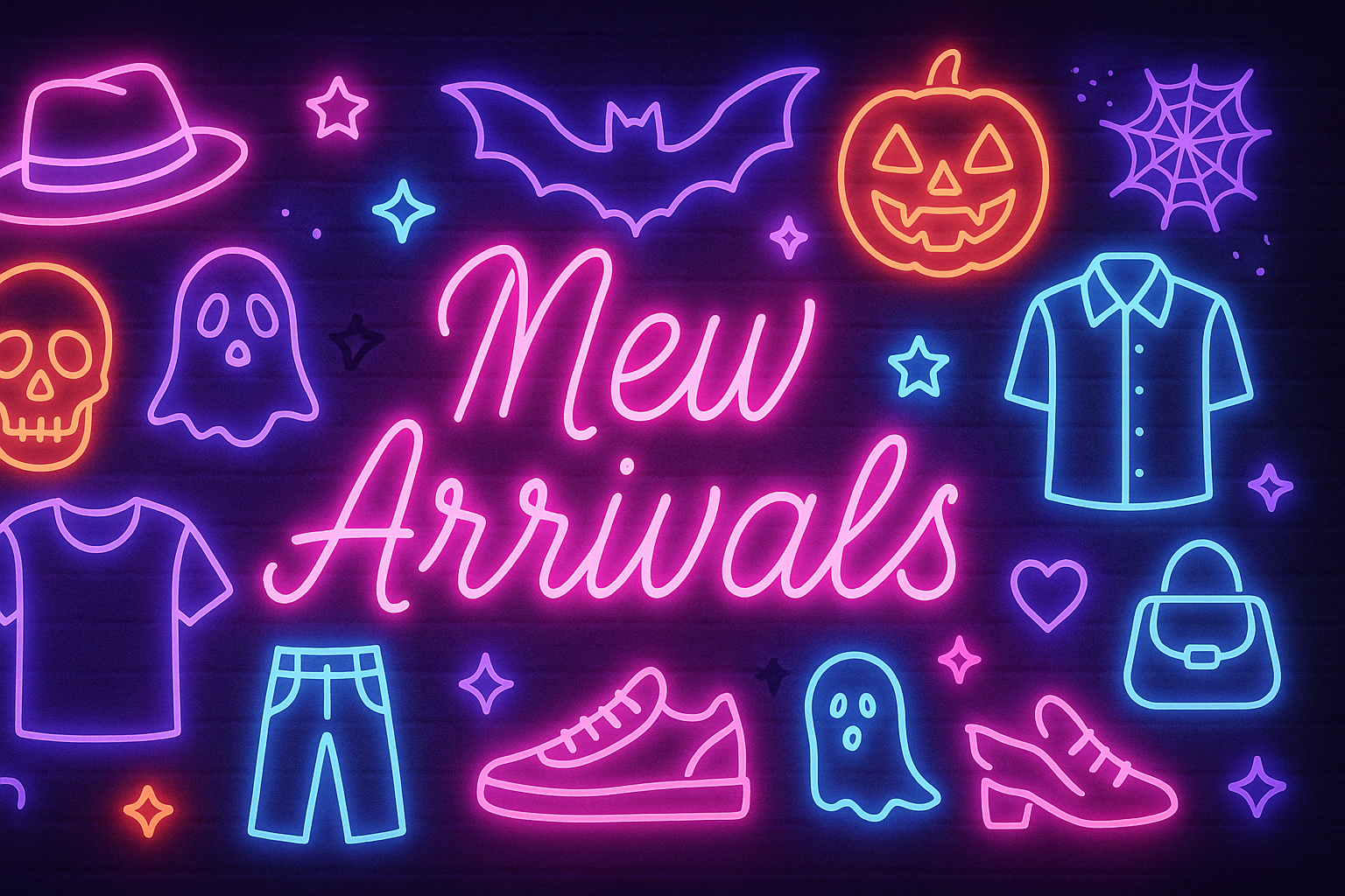 Homepage banner with neon “New Arrivals” text centered over a backdrop featuring icons of clothing items like hats and shirts, mixed with Halloween and horror-themed graphics — promotional image for Rare Plus Apparel’s latest arrivals.
